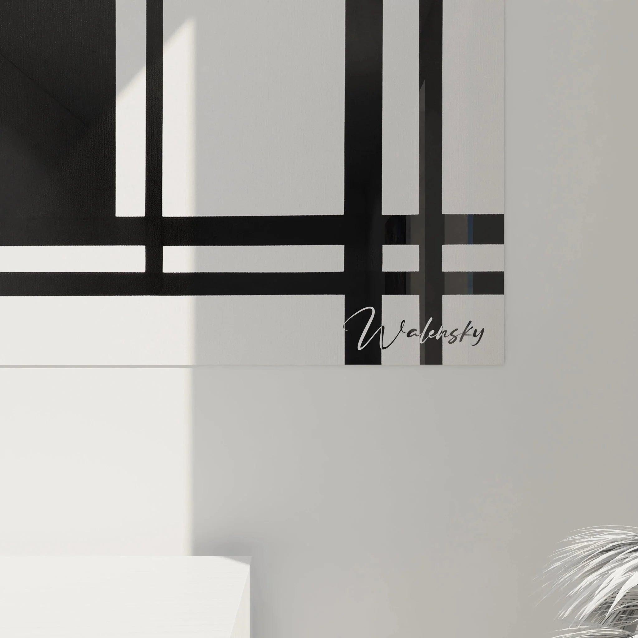 Gesamtansicht Wandbild geometrische Abstraktion schwarzweiß minimalistische Kunstdruck Raumgestaltung