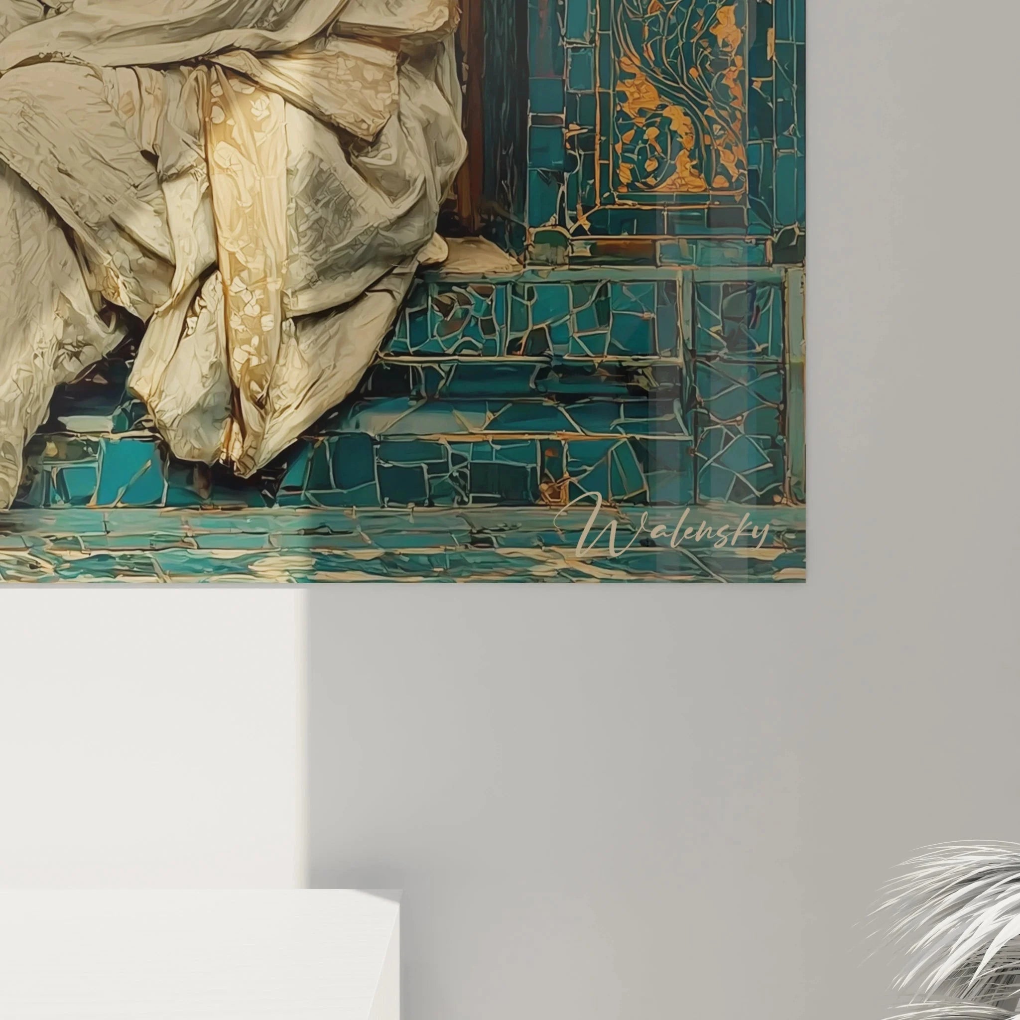 Gesamtansicht Wandbild islamischer Gelehrter türkisfarbene Ornamente - Orientalische Wandkunst