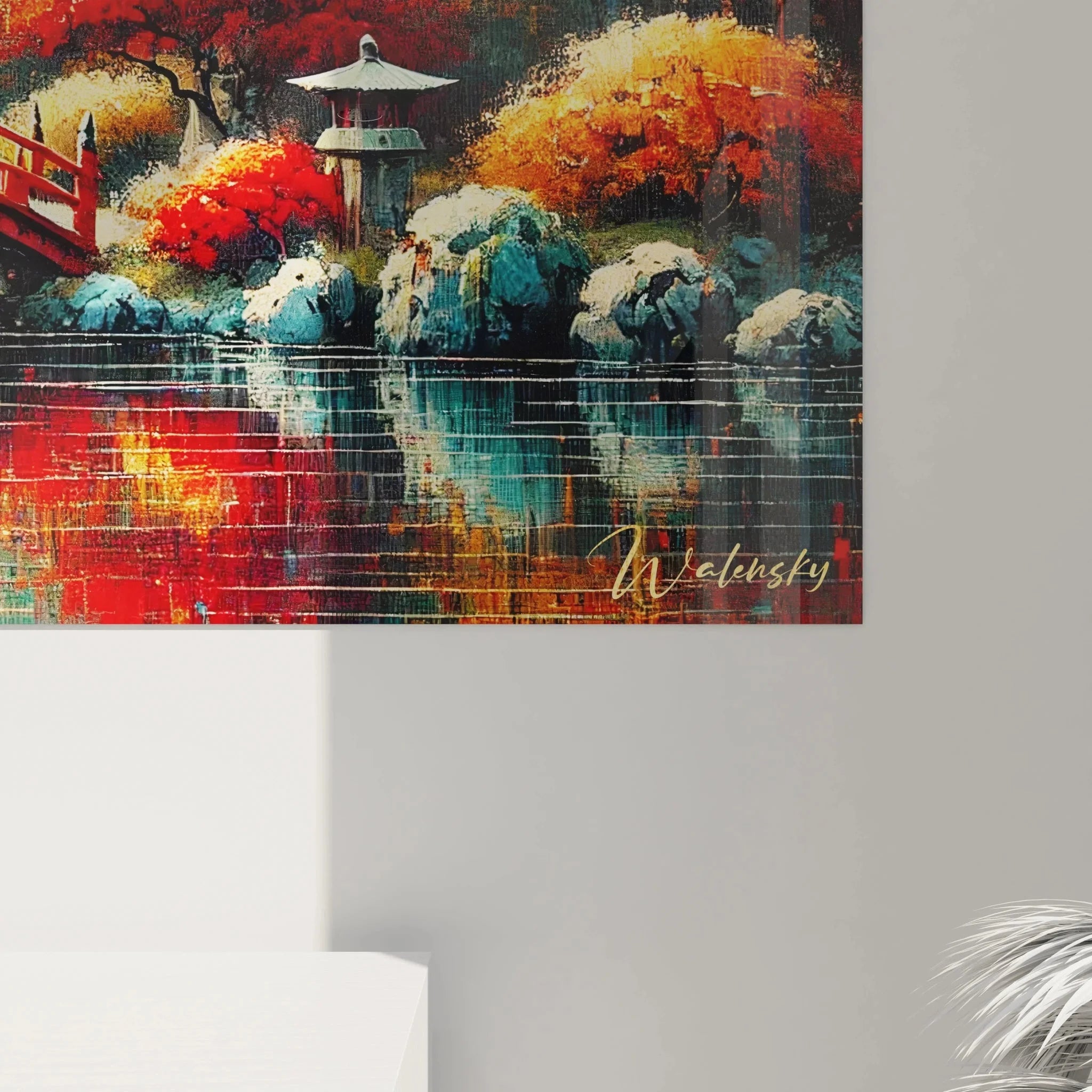 Gesamtansicht Wandbild Japan mit Pagode, Tempel und roter Brücke im Herbstambiente