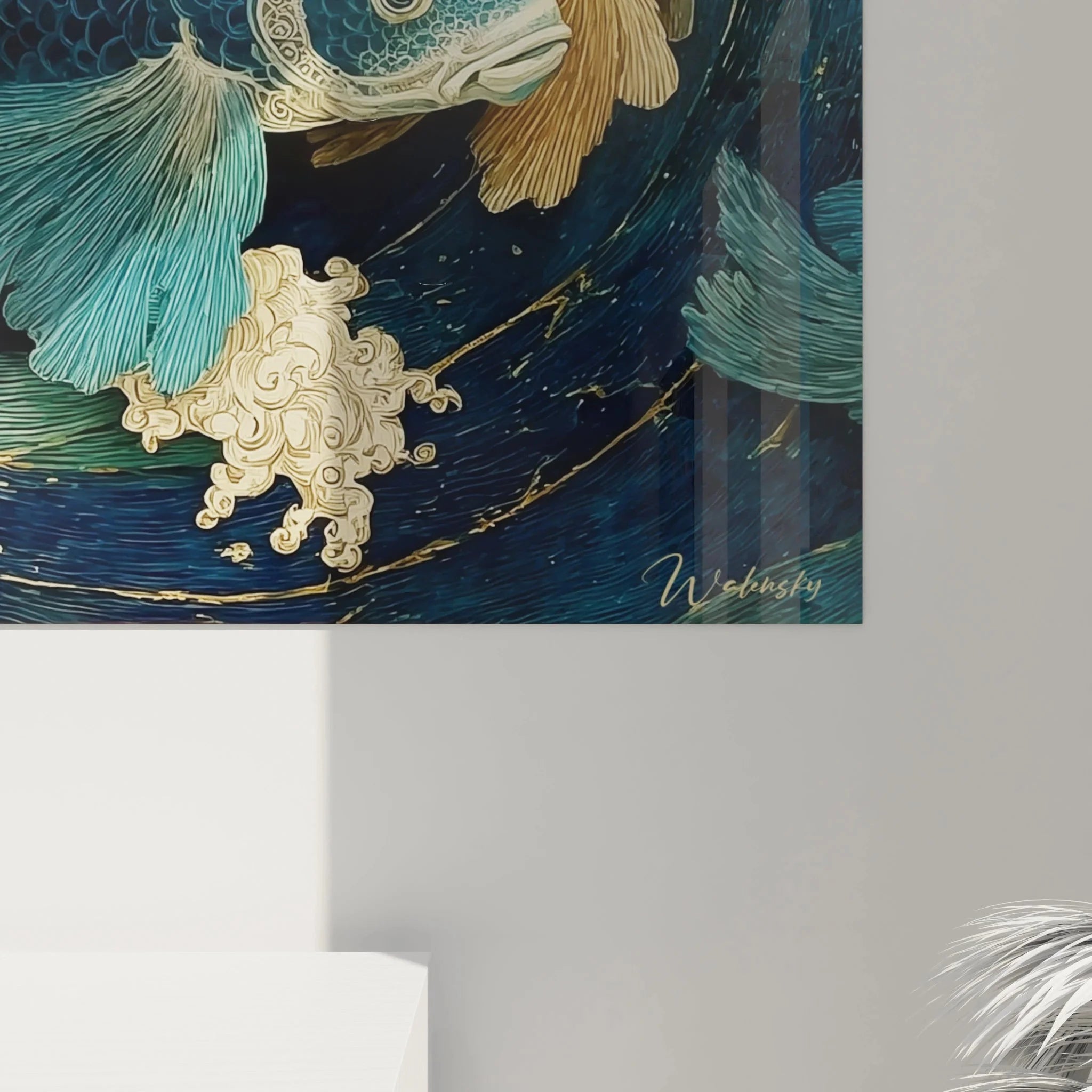 Gesamtansicht Wandbild japanische Koi-Fische - Art Nouveau Wasserwelt mit türkisen Wellen