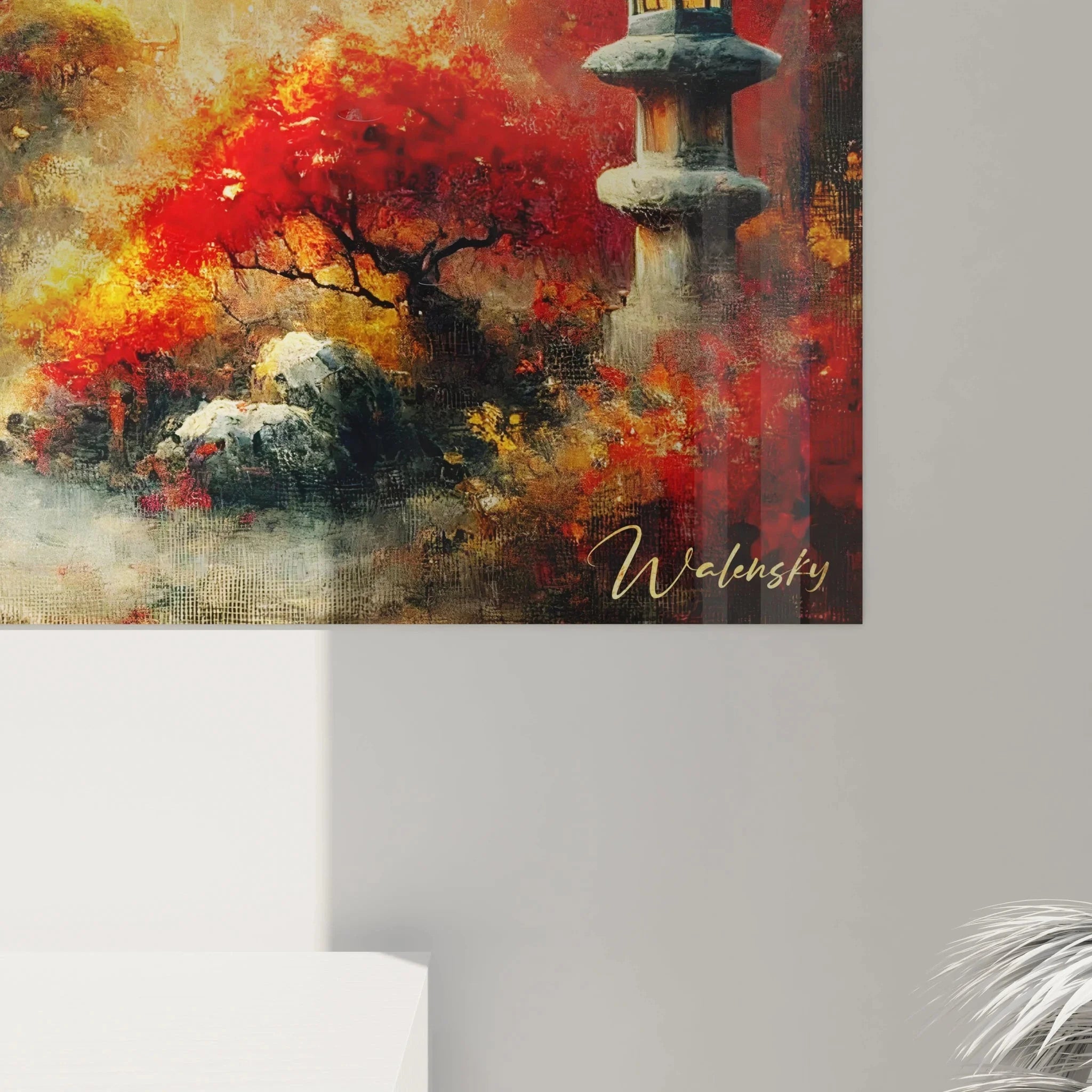 Gesamtansicht Wandbild japanischer Tempel mit Steinlaternen und Herbstlandschaft - Japan Edition