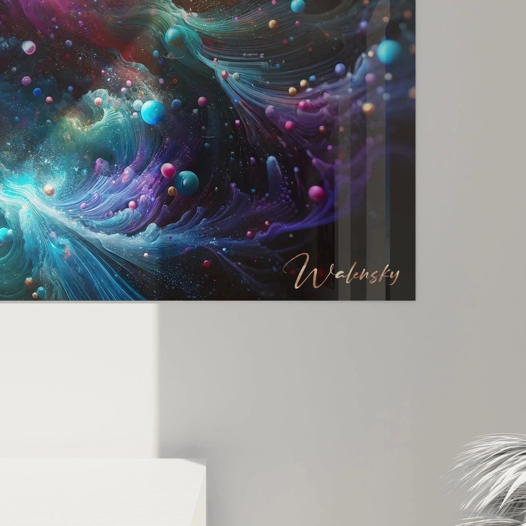 Gesamtansicht Wandbild Kosmos mit spiralförmigen Galaxien-Strukturen in zeitgenössischer abstrakter Malerei