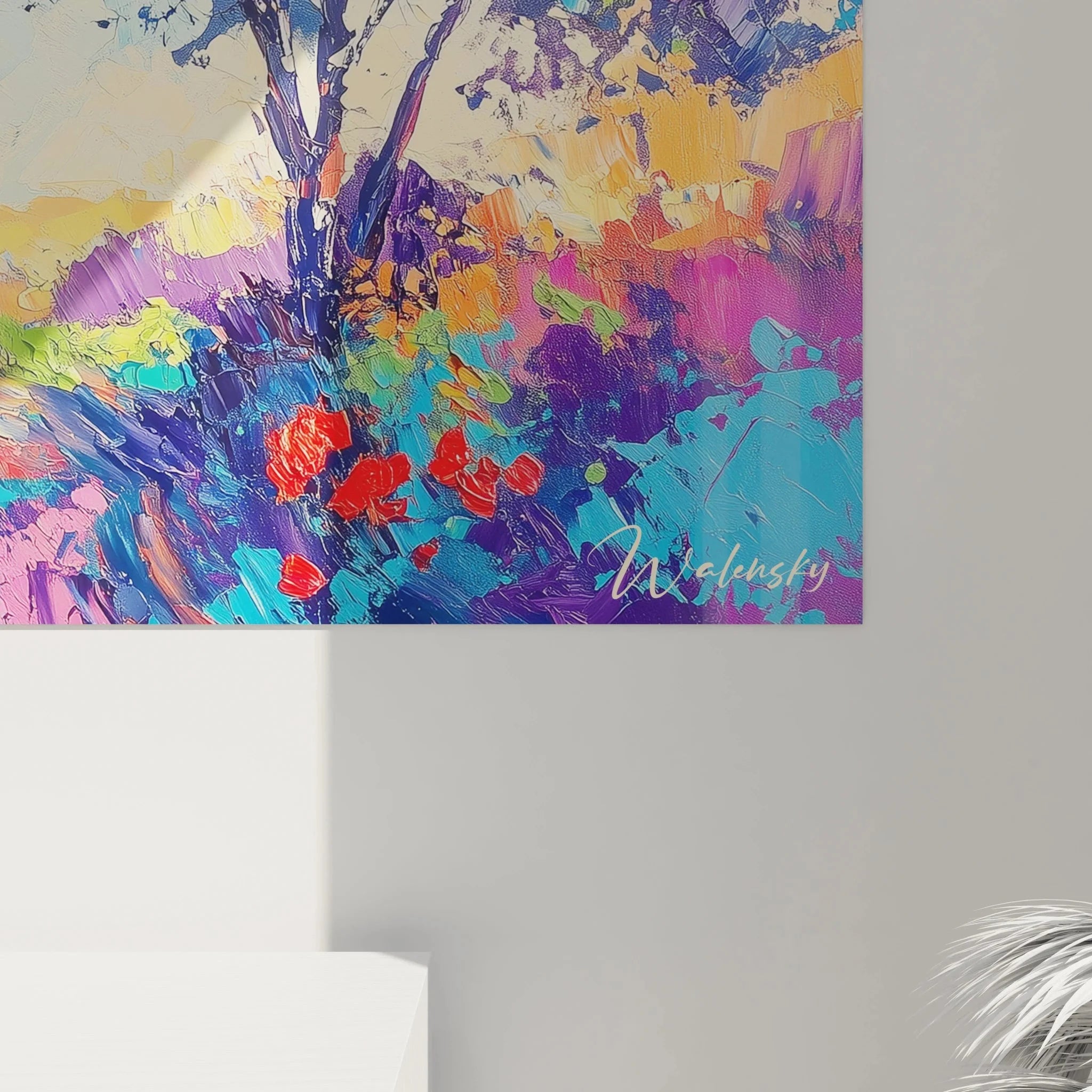 Gesamtansicht Wandbild farbenfrohe Landschaft Pissarro Stil impressionistische Baumkomposition