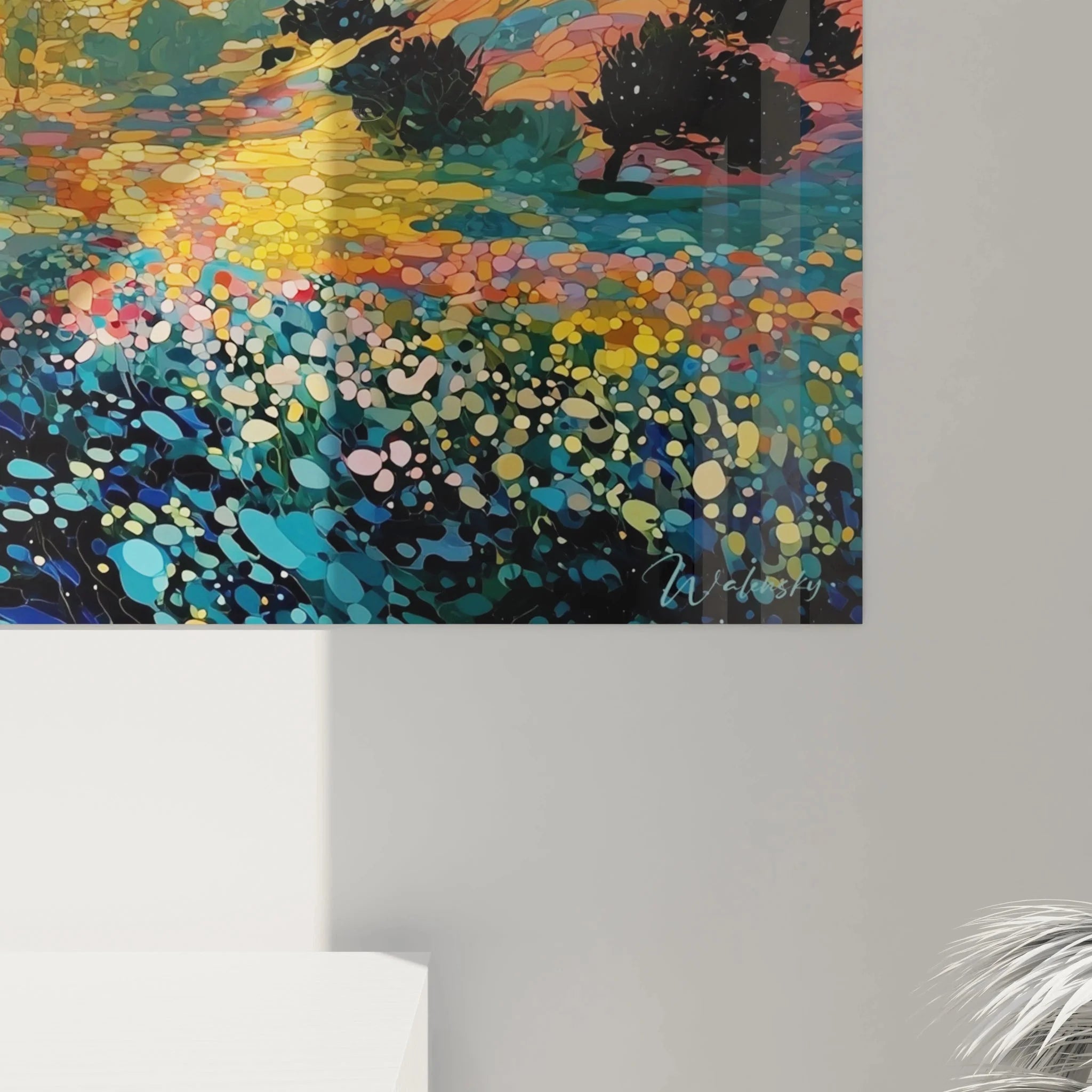 Gesamtansicht Wandbild Landschaft Pointillismus - mystische Naturszene mit Zypressen und Himmel