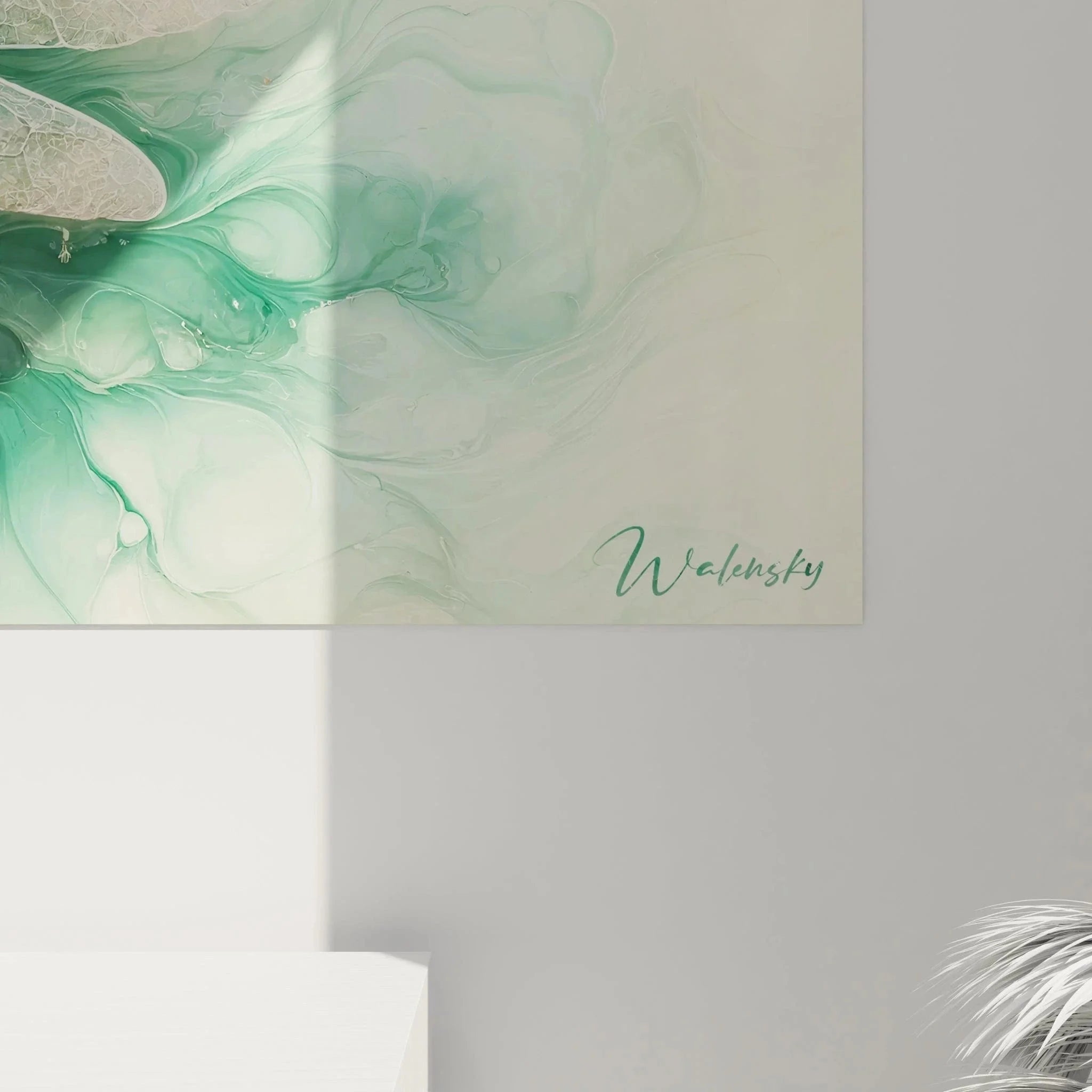 Gesamtansicht Wandbild Libelle abstrakt - grüne Wandkunst mit organischen Formen für moderne Inneneinrichtung