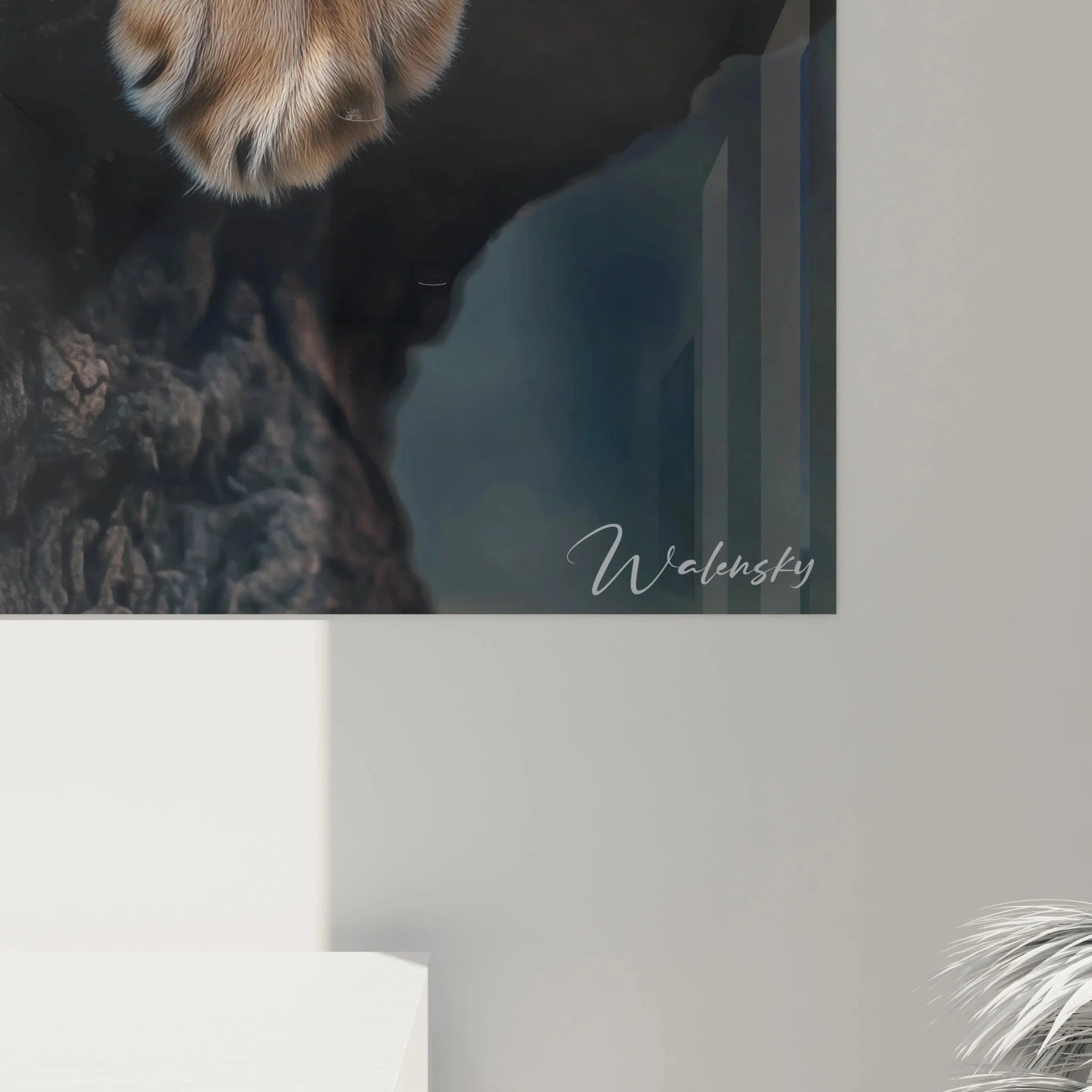 Gesamtansicht Wandbild Löwenjunges im Baum als hochwertige Wanddekoration für moderne Wohnräume