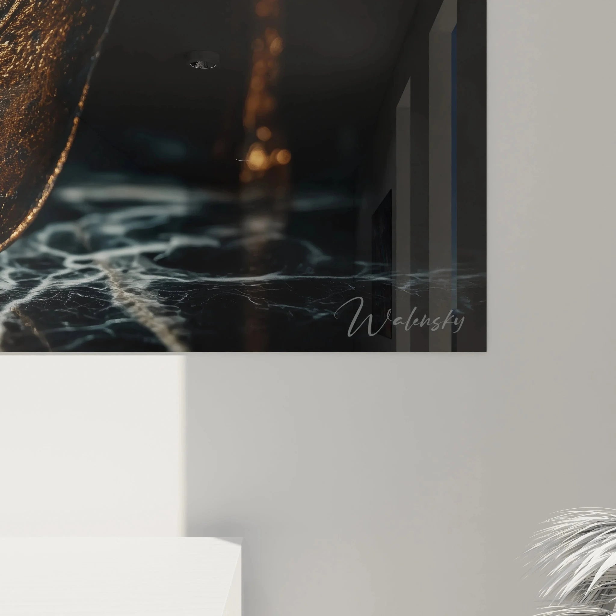 Gesamtansicht Wandbild Damenschuh goldene Eleganz - Komplette Mode Accessoires Wanddeko Komposition