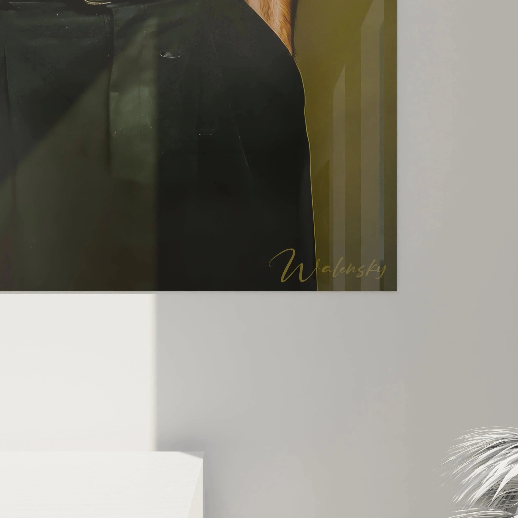 Gesamtansicht Wandbild männliche Eleganz mit goldenem Licht und stilvoller Wanddekoration