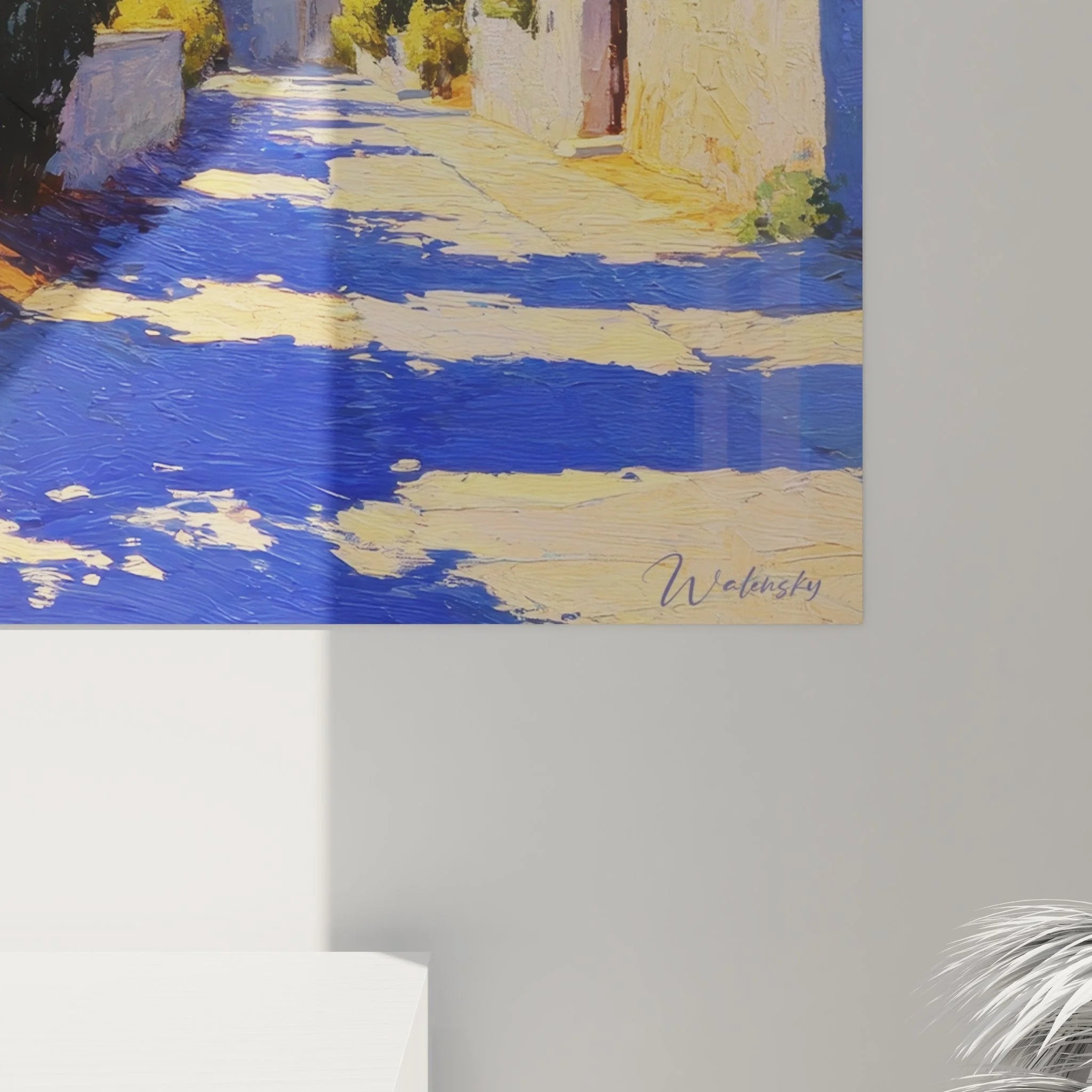 Gesamtansicht Wandbild mediterrane Dorflandschaft mit Zypressen und blauem Himmel