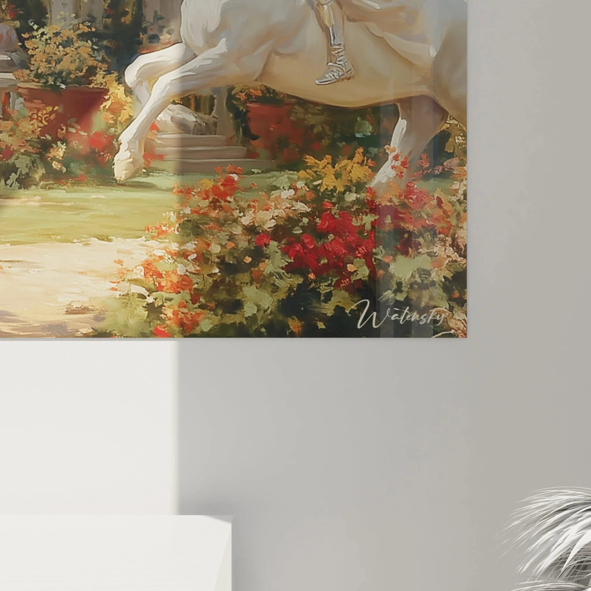 Gesamtansicht Wandbild orientalische Szene mit Reiter, Pferd und Palastgarten im Klassizismus Stil