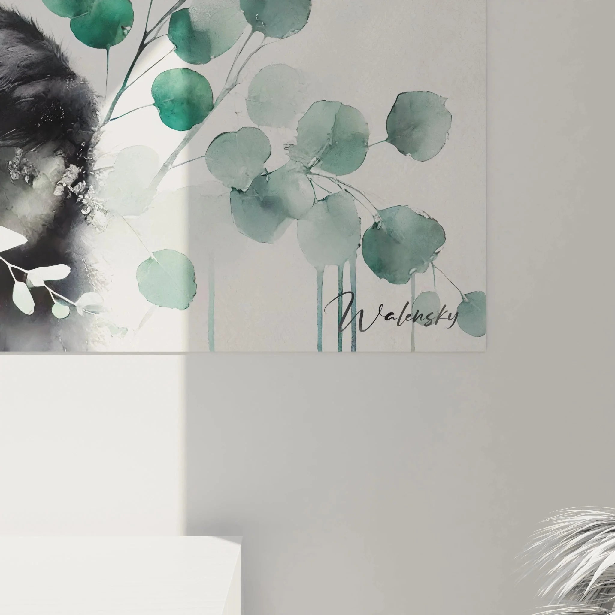 Gesamtansicht Wandbild Panda Eukalyptus Aquarell, botanische Tierkunst in Grüntönen