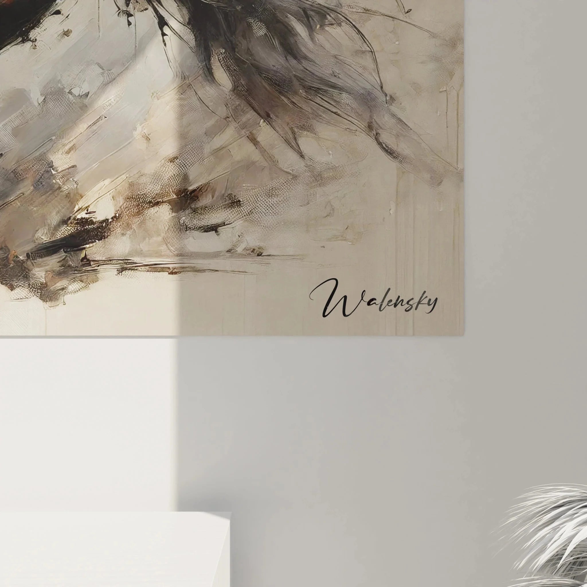 Gesamtansicht Wandbild galoppierendes Pferd - dynamische Pferdemalerei in warmen Erdtönen