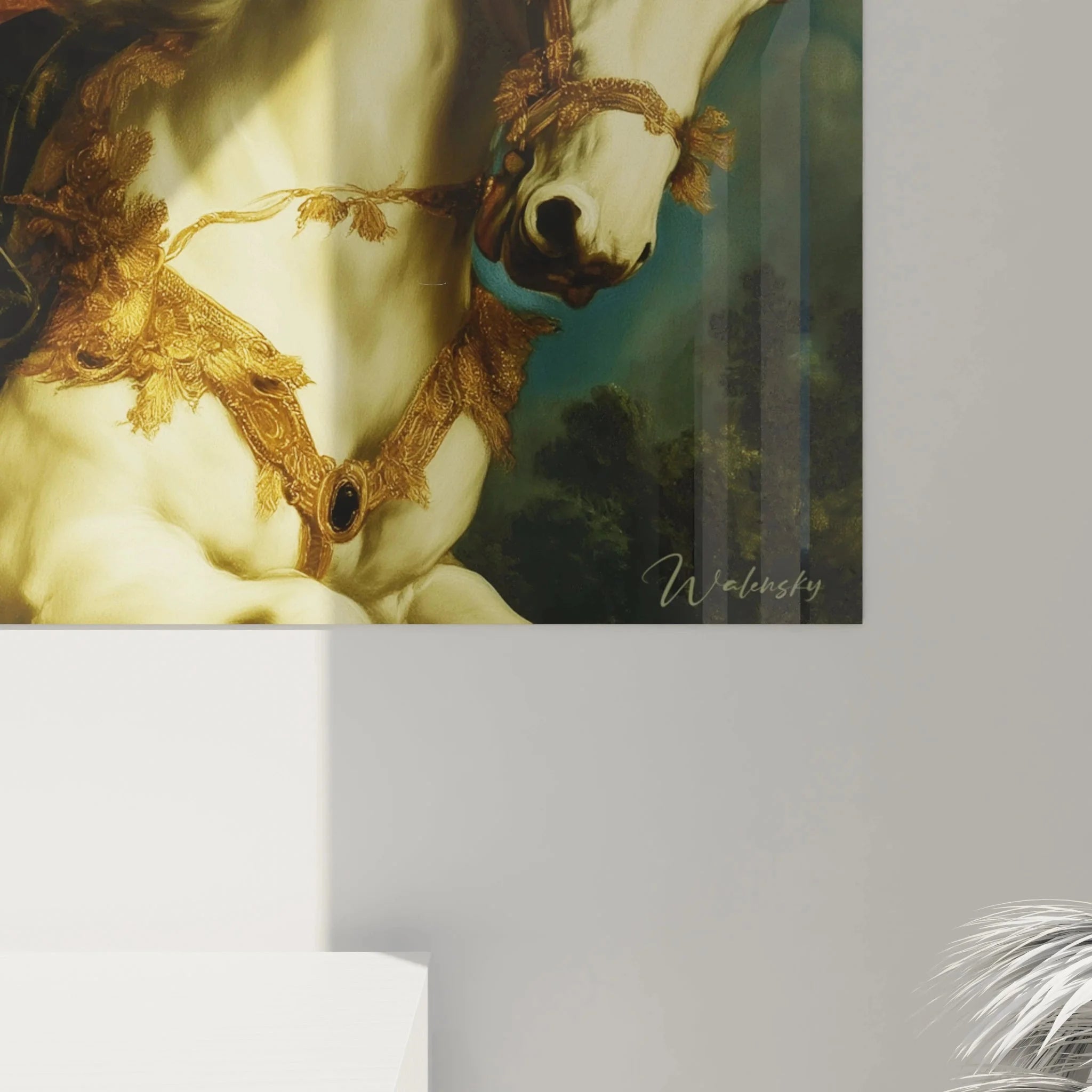 Gesamtansicht Wandbild weißes Pferd mit Reiterin - neoklassizistische Komposition in warmen Goldtönen