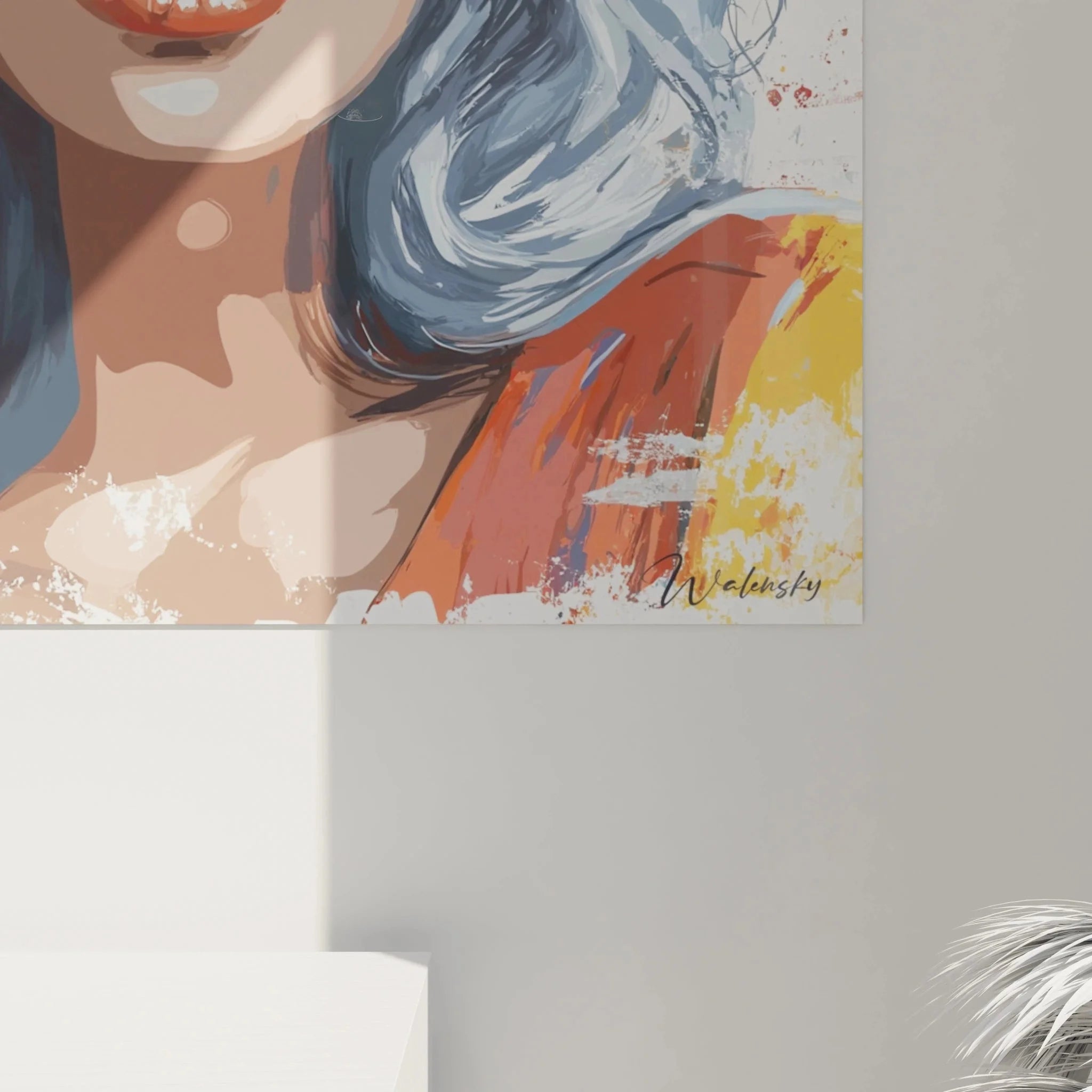 Gesamtansicht Wandbild moderne Pop Art Frau, XXL Leinwand Sommer Edition mit abstraktem Hintergrund