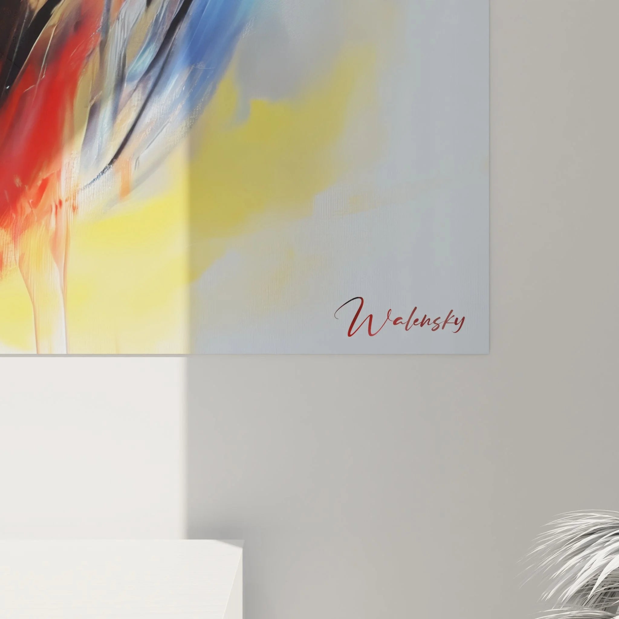 Gesamtansicht modernes Wandbild Portrait Frau in abstrakter Malweise, Rot-Blau Komposition