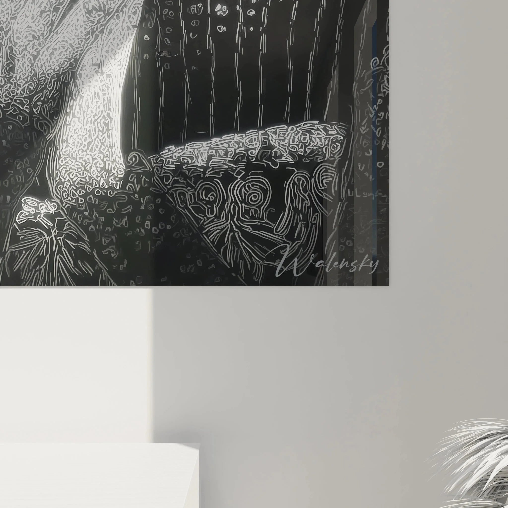 Gesamtansicht Wandbild Portrait elegante Dame Schwarz-Weiß als Designer Wanddekoration im Wohnraum