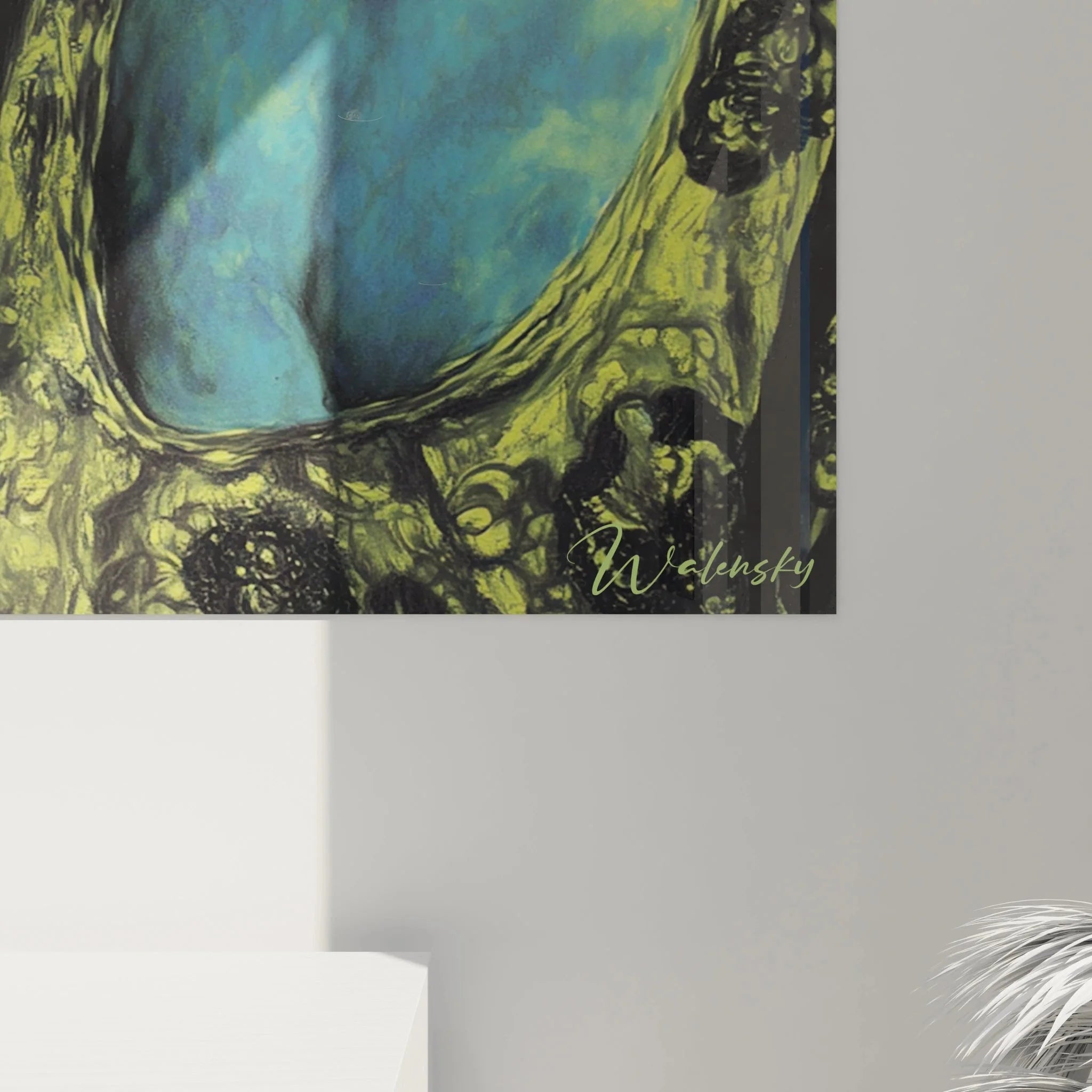 Gesamtansicht Wandbild Präraffaelismus Frauenporträt mit mystischer Farbgebung und romantischen Nebenfiguren