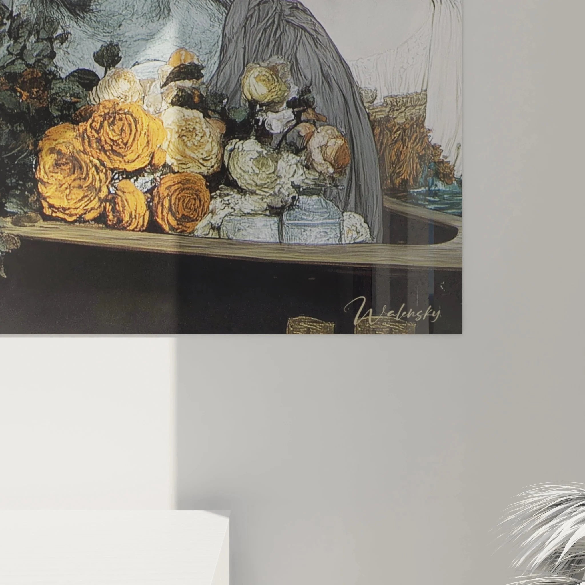 Gesamtansicht Wandbild präraffelitische Komposition drei Figuren Meereslandschaft Kunstdruck