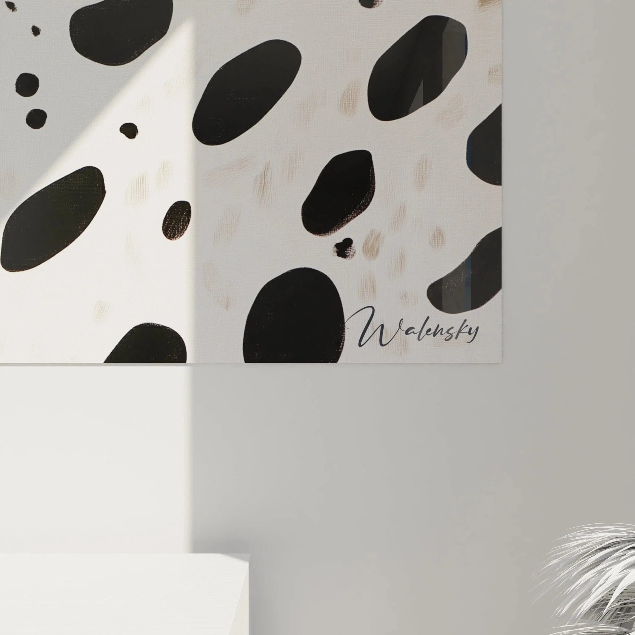 Gesamtansicht Wandbild abstrakte Punkte schwarz-weiß Dalmatiner Stil moderne Raumgestaltung