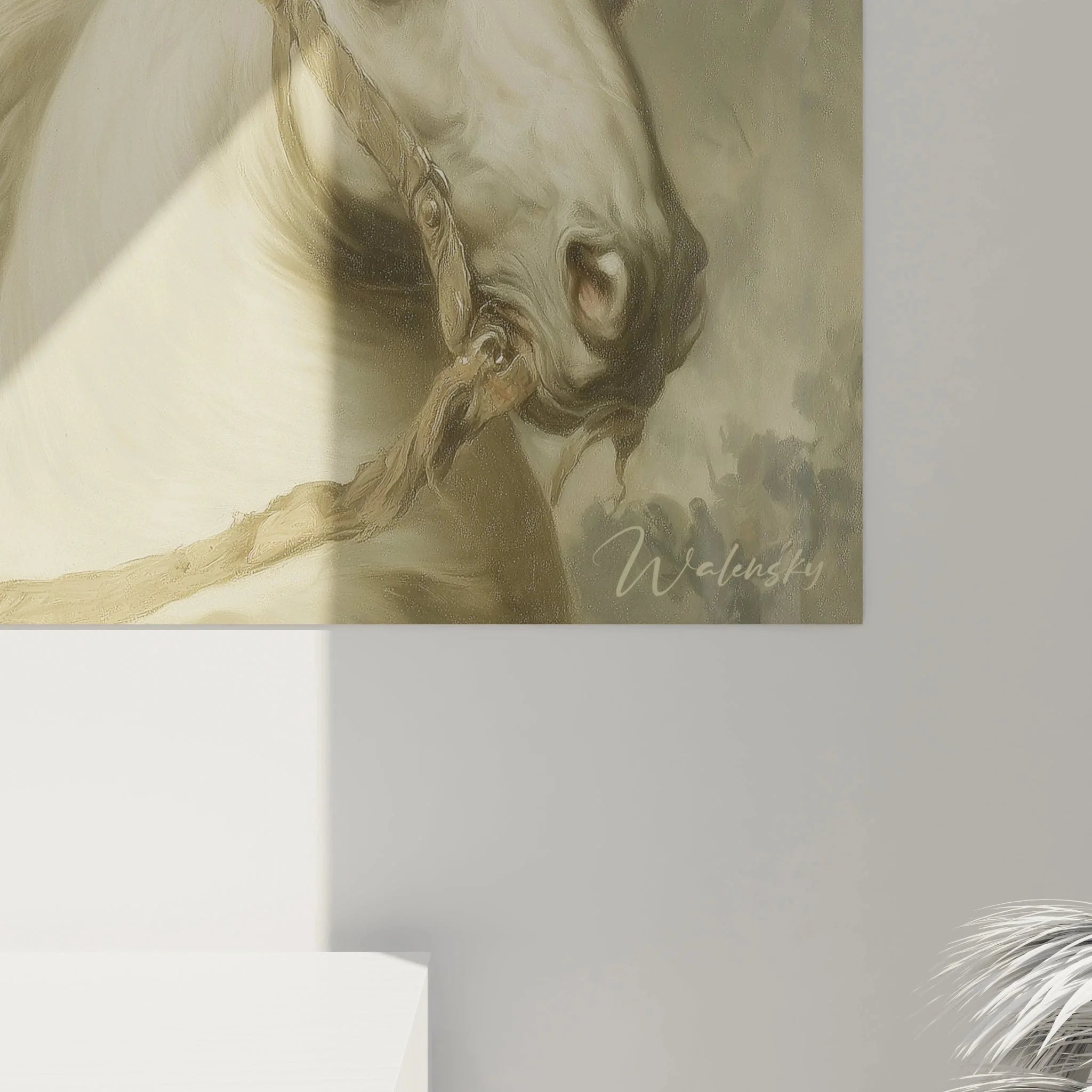 Gesamtansicht Wandbild Ritter zu Pferd Neoklassizismus - heroische Wandkunst mit weißem Pferd und Wolkenhimmel