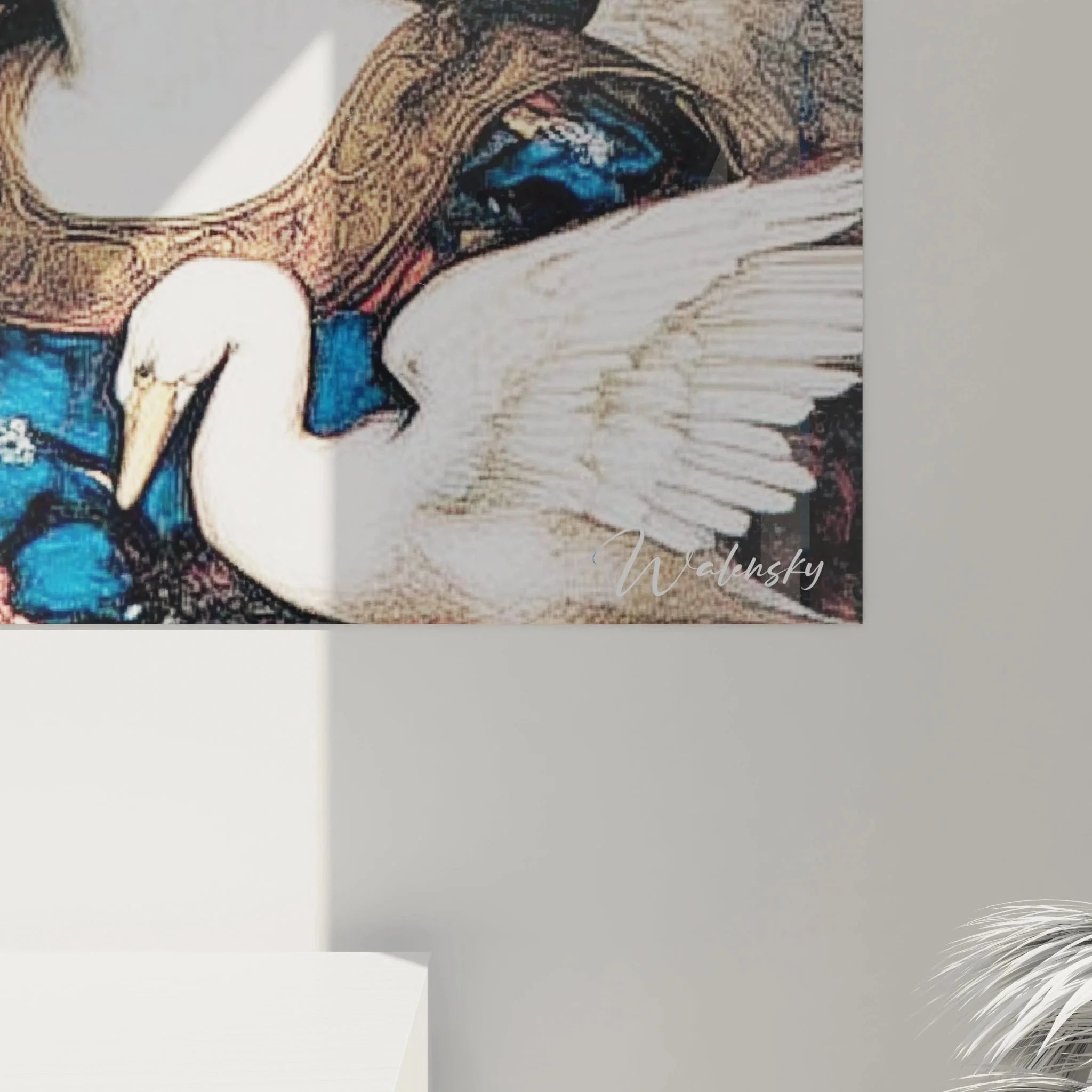 Gesamtansicht Wandbild Liebespaar Präraffaelismus mit weißen Schwänen, viktorianische Romantikmalerei