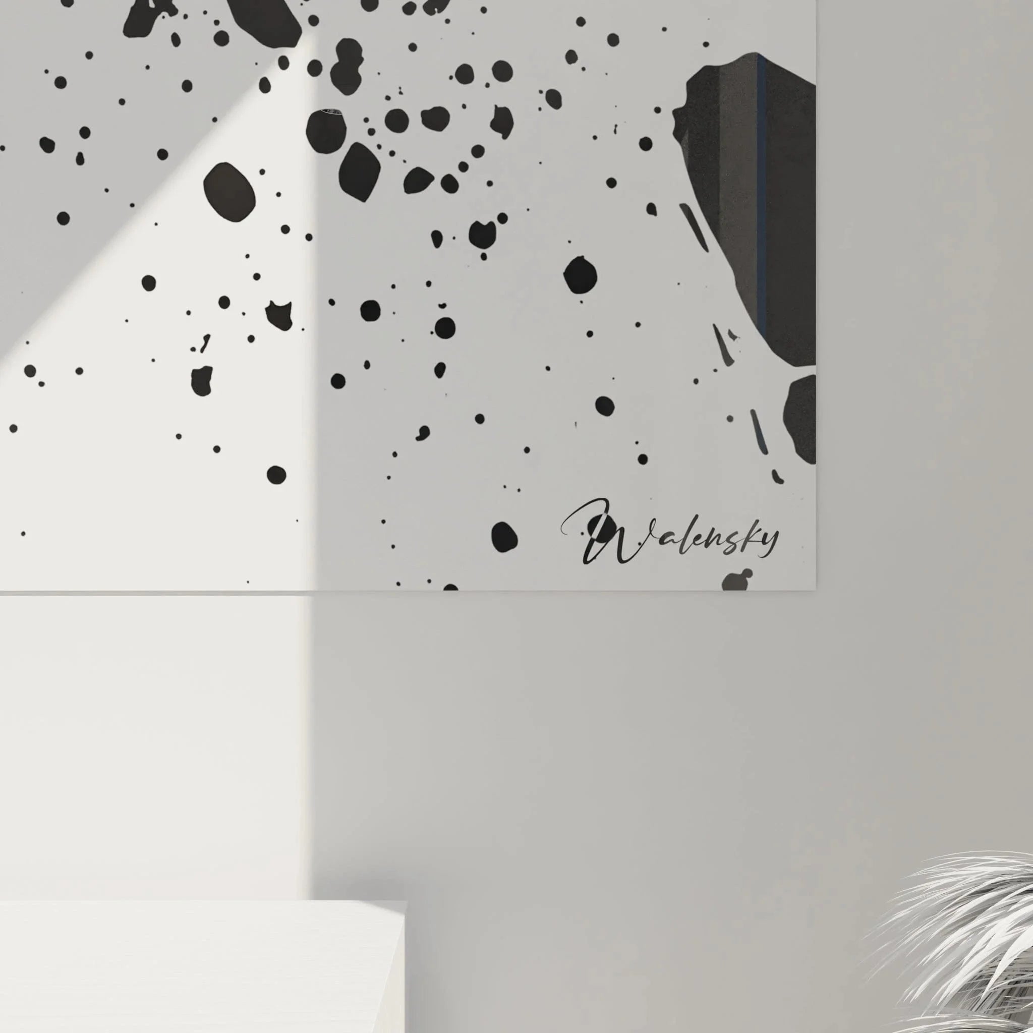 Gesamtansicht Wandbild abstrakte Spritzer schwarz-weiß, zeitgenössische Kunst im Dalmatiner-Design für Wohnräume