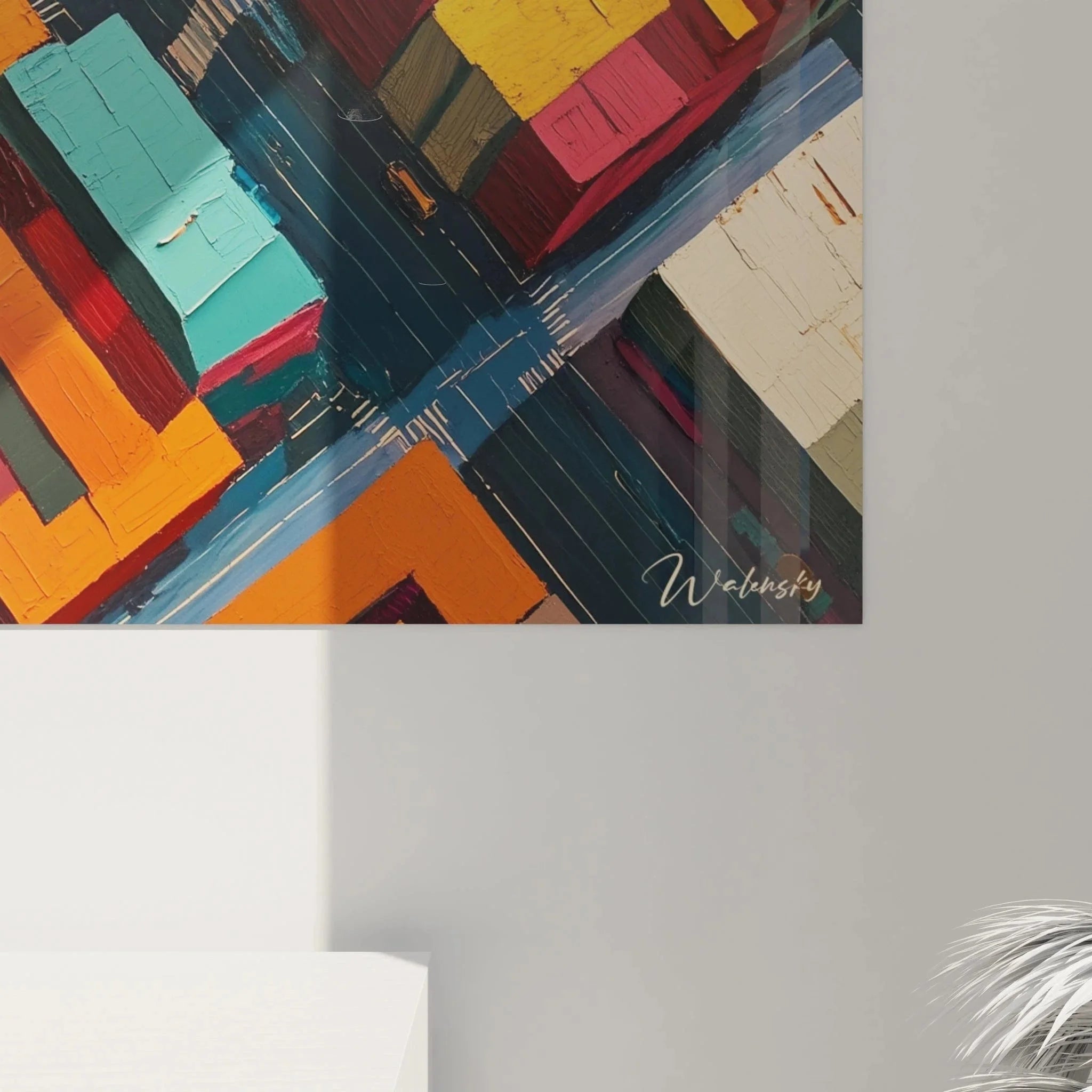 Gesamtansicht kubistisches Wandbild Stadtansicht mit abstrakter Architektur-Darstellung