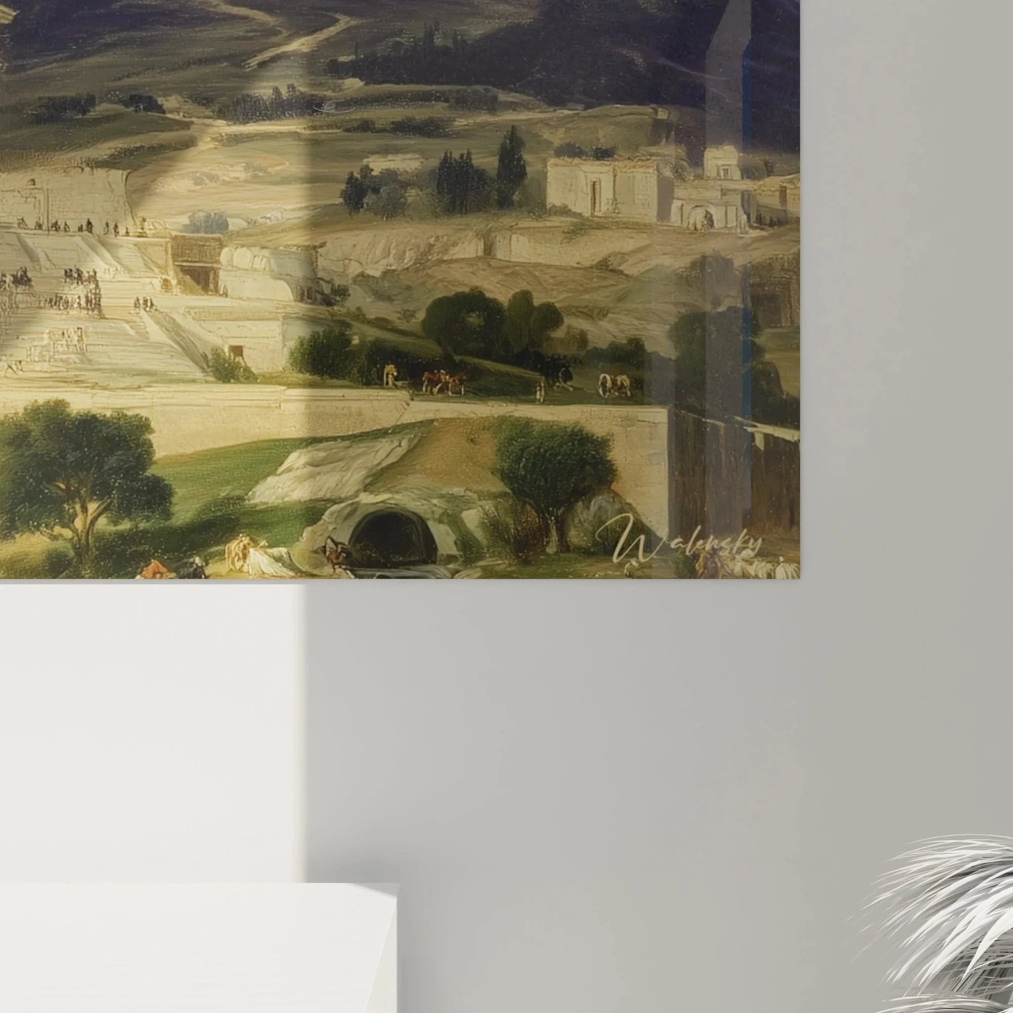 Gesamtansicht des neoklassischen Wandbildes mit antikem Tempel und majestätischer Bergkulisse