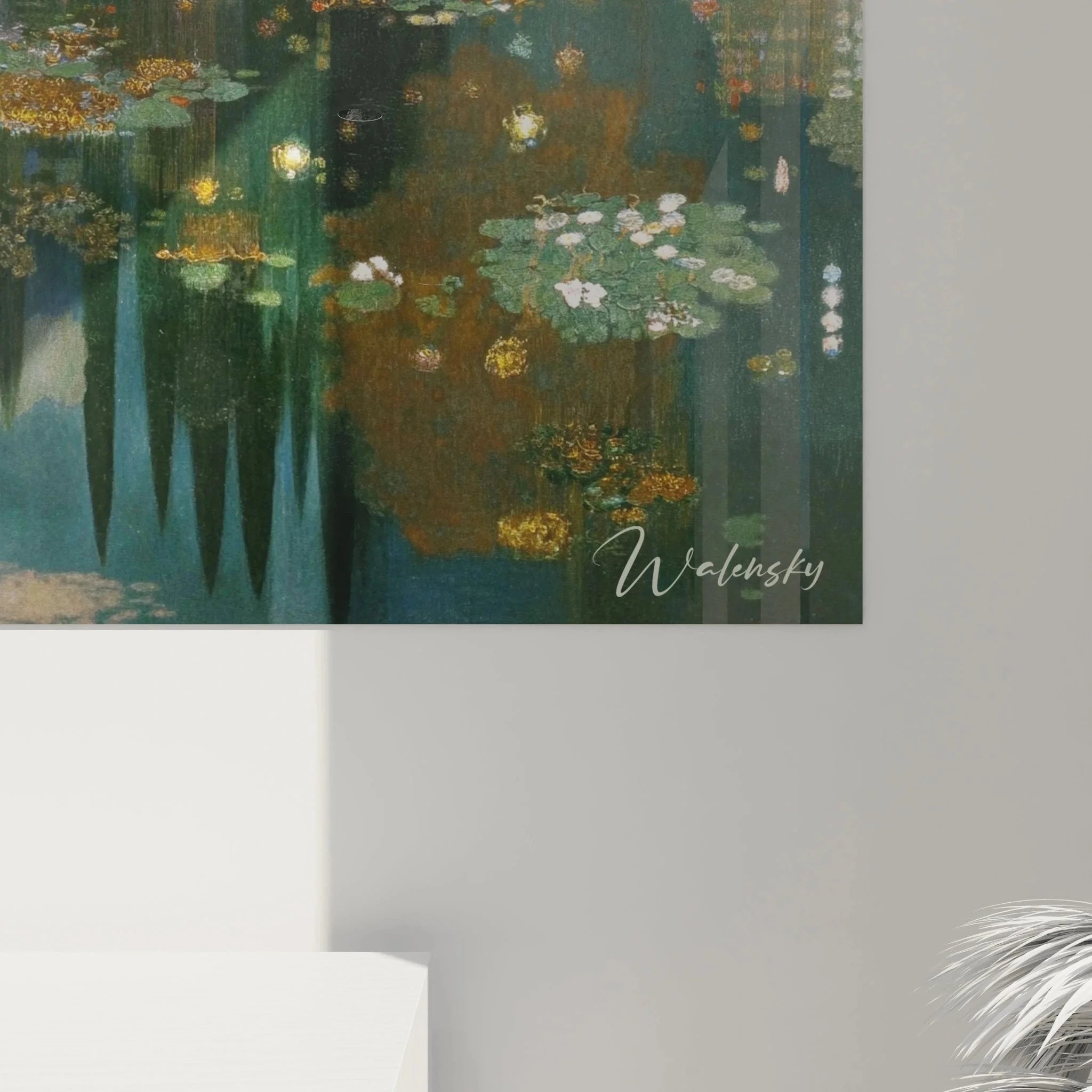 Gesamtansicht symbolistisches Wandbild Traumlandschaft mit Zypressen und mystischer Wasserlandschaft