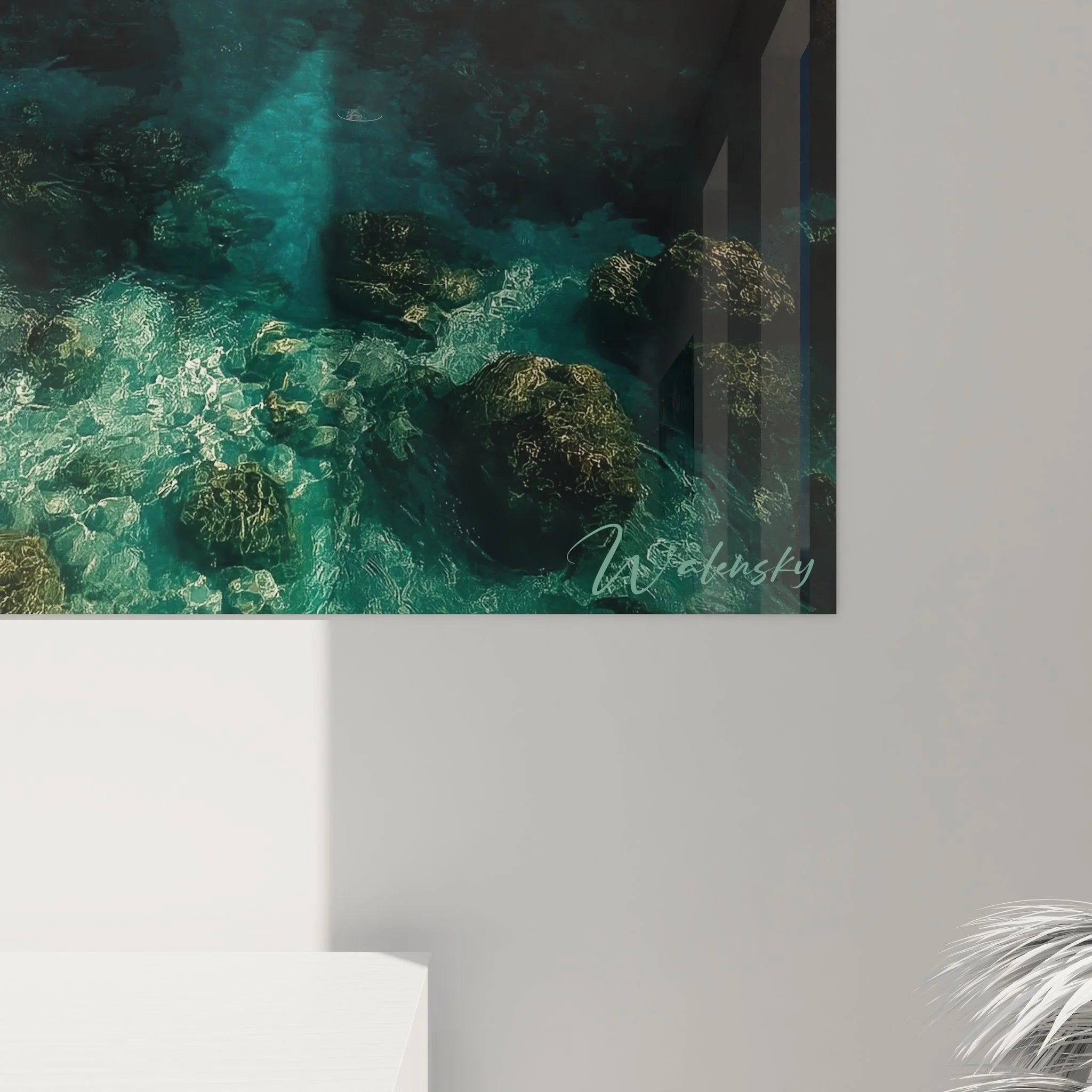 Gesamtansicht Wandbild tropische Strandlandschaft mit versteckter Bucht und Kokosnusspalmen