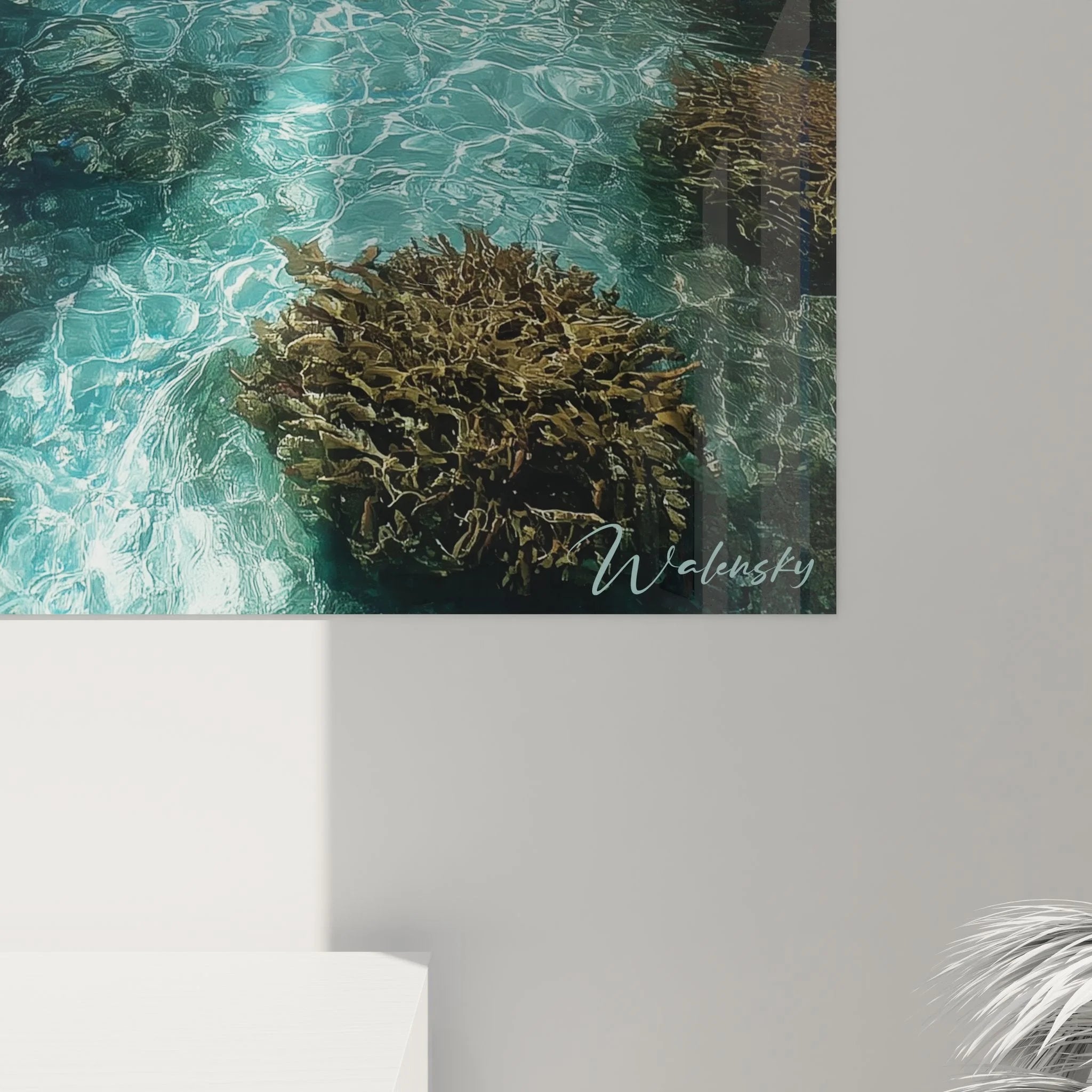 Gesamtansicht Wandbild tropischer Strand Seychellen - paradiesische Bucht mit Palmen und Granitfelsen