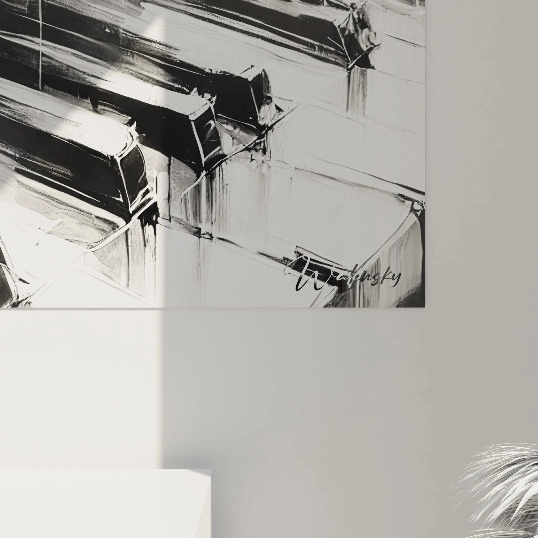 Gesamtansicht Wandbild urbane Abstraktion schwarz-weiß Leinwandkunst