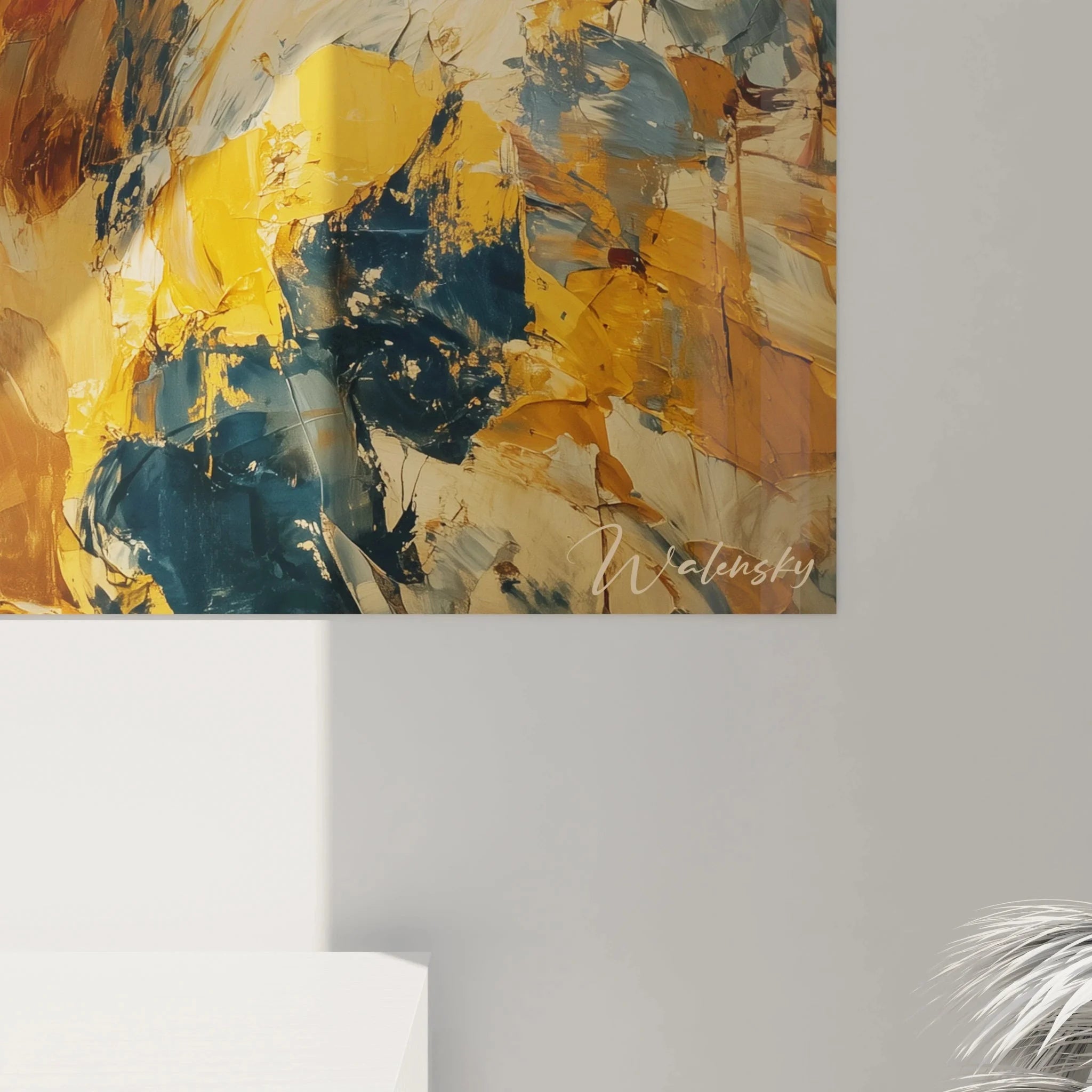 Gesamtansicht Wandbild venetianische Maske Edition Barock, warme Farbpalette Gold und Blau