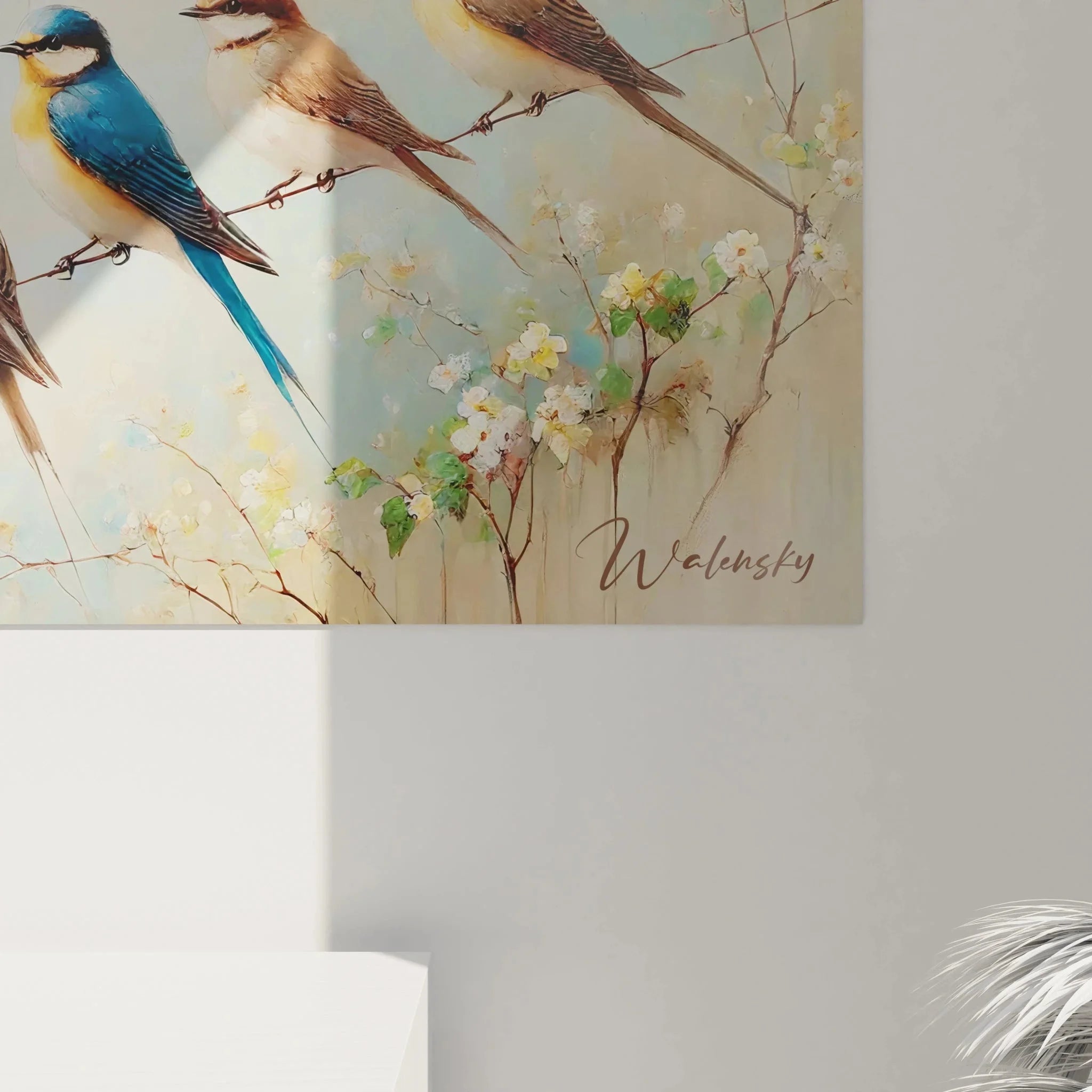 Gesamtansicht Wandbild Vogelschar auf Draht - komplette Darstellung der Vogelarten Komposition im Überblick