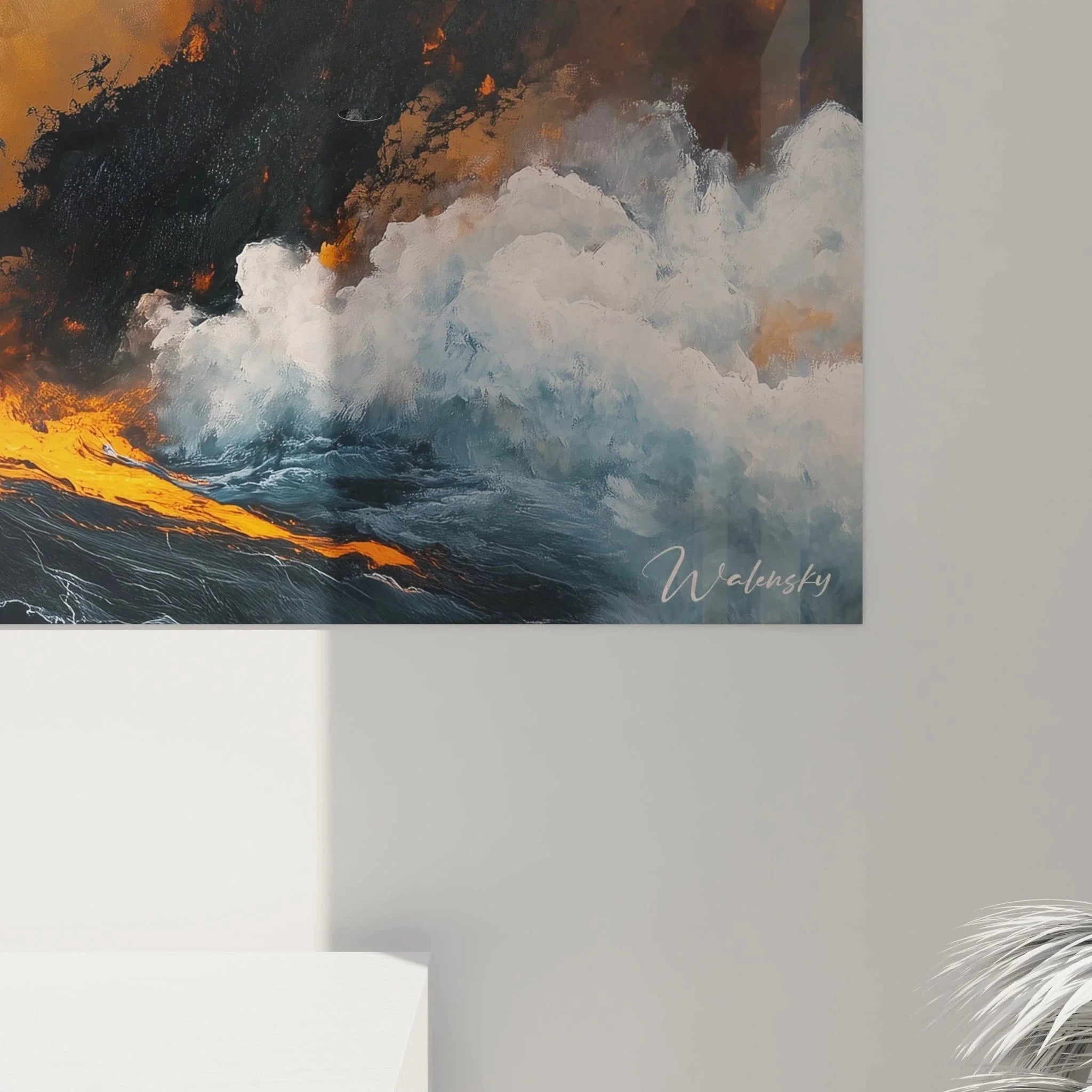 Gesamtansicht Wandbild Vulkanausbruch Expressionismus, dramatische Naturgewalt Darstellung