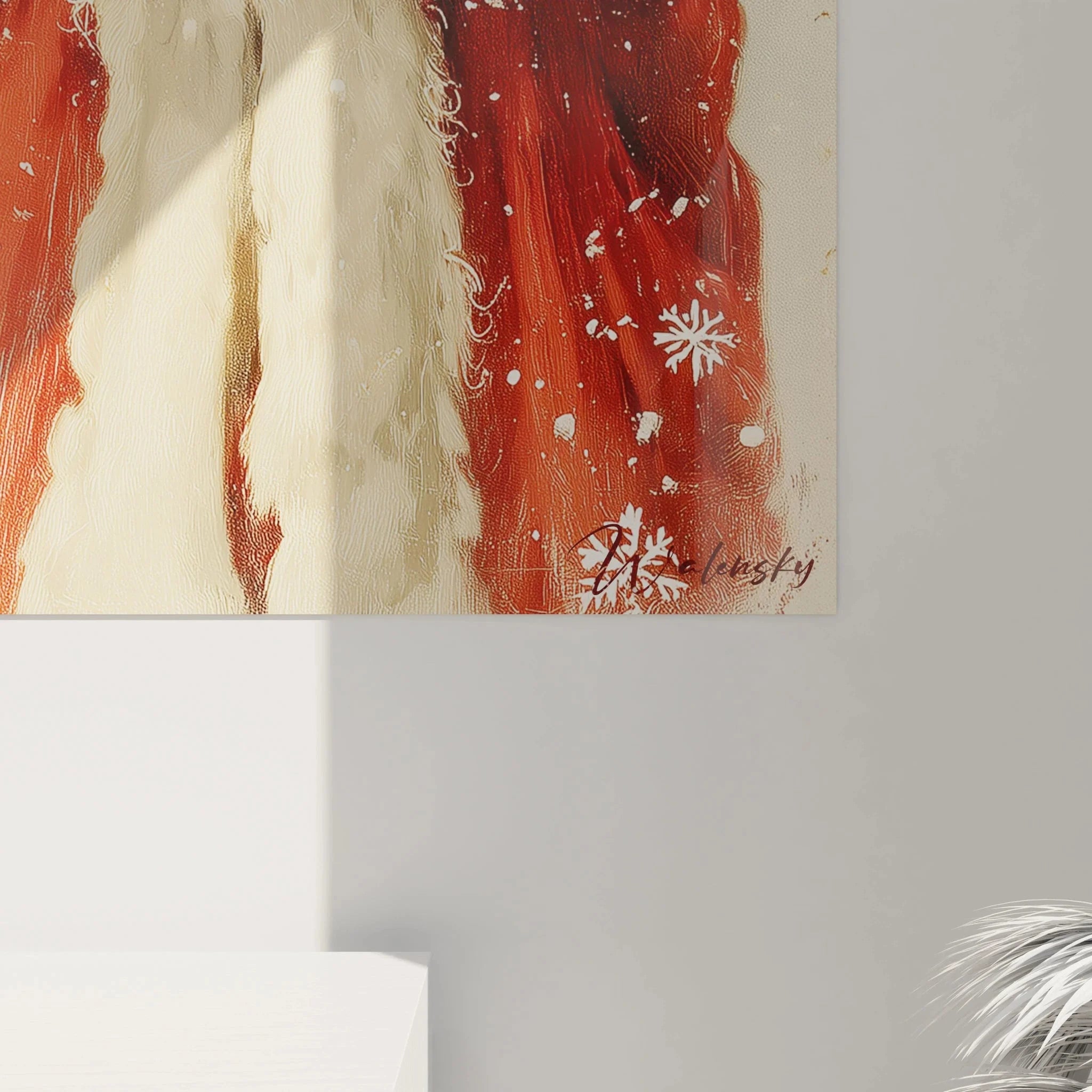 Gesamtansicht Wandbild Weihnachtsmann Schnee fallend nostalgische Weihnachtskunst festliche Dekoration