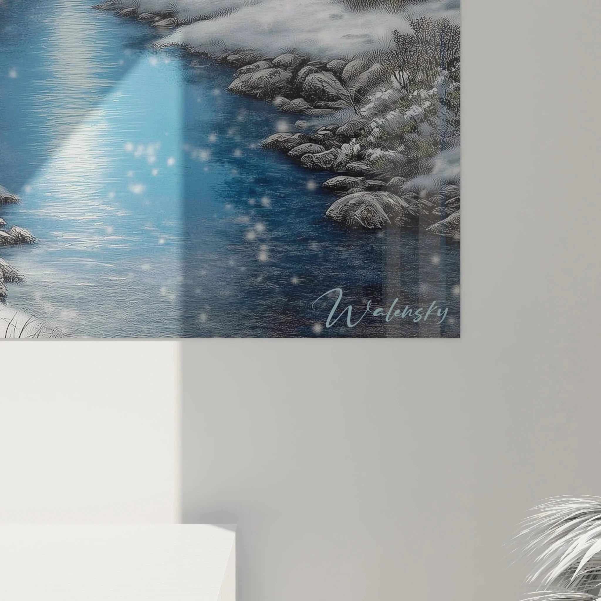Gesamtansicht Wandbild Winterlandschaft, majestätische Schneeszene mit Waldbach und romantischer Atmosphäre