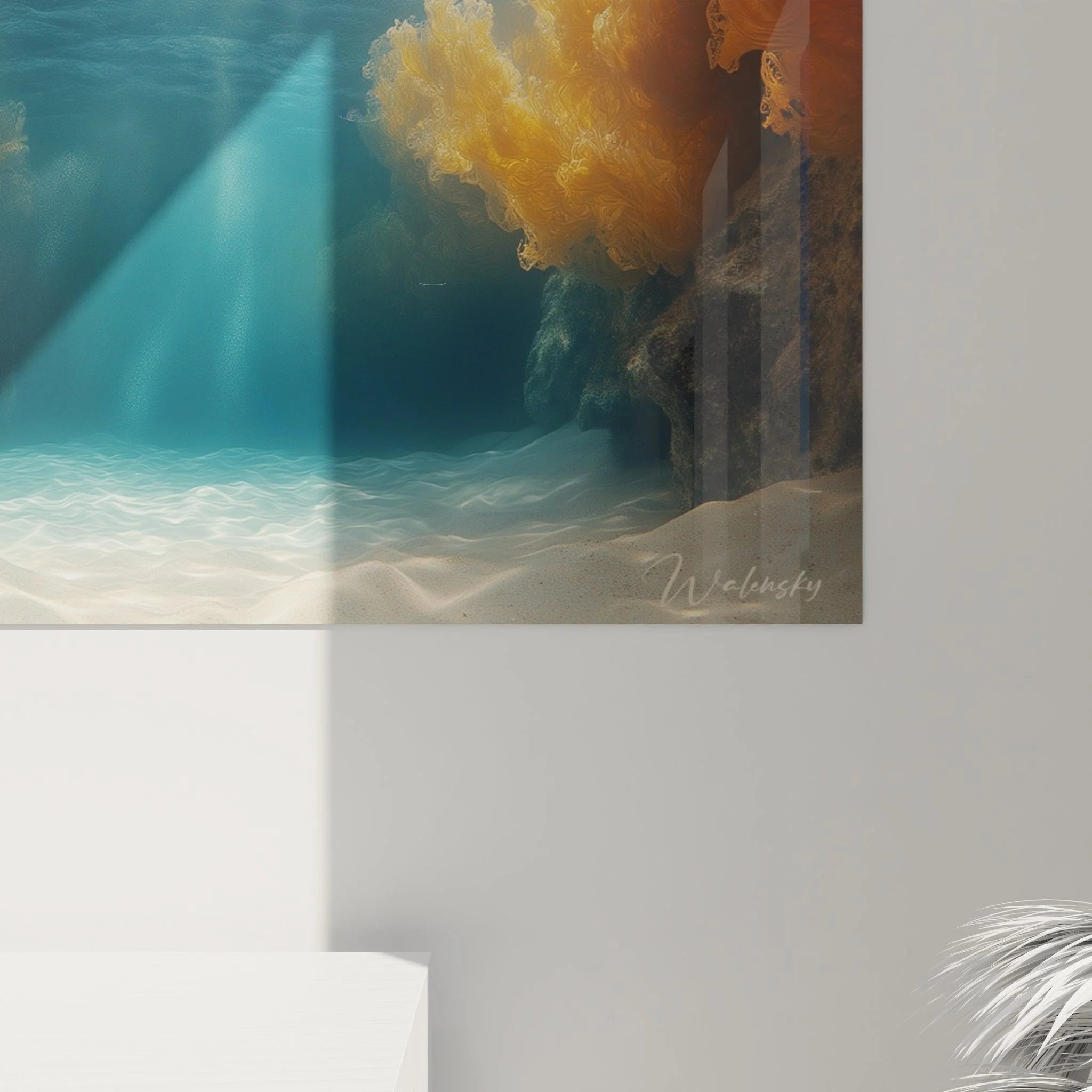 Gesamtansicht Wandbild Unterwasser Wüstenoase mit Sonnenstrahlen und mystischen Formationen