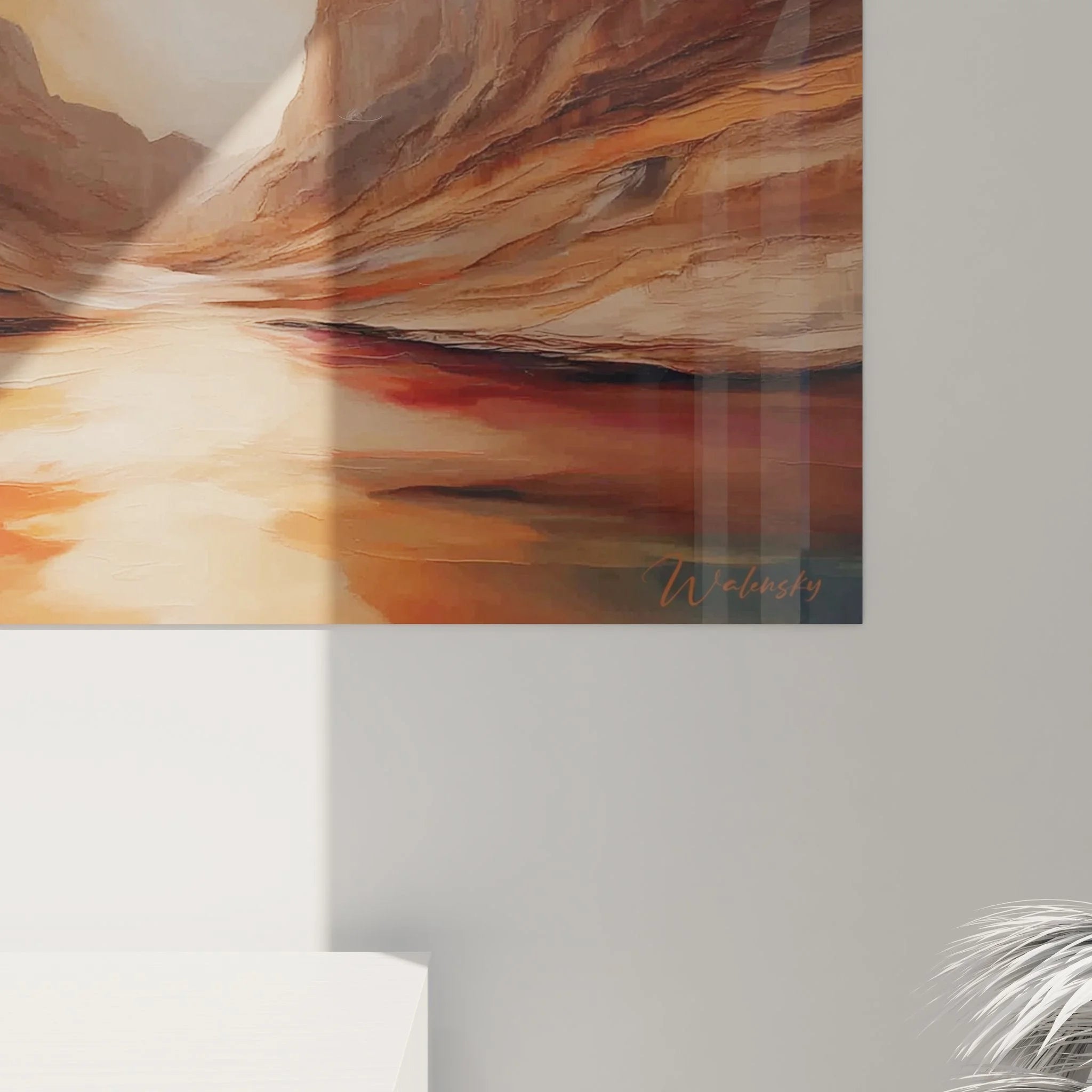 Gesamtansicht Wandbild Wüstenschlucht Edition mit flammendem Licht und abstrakten Felsformationen