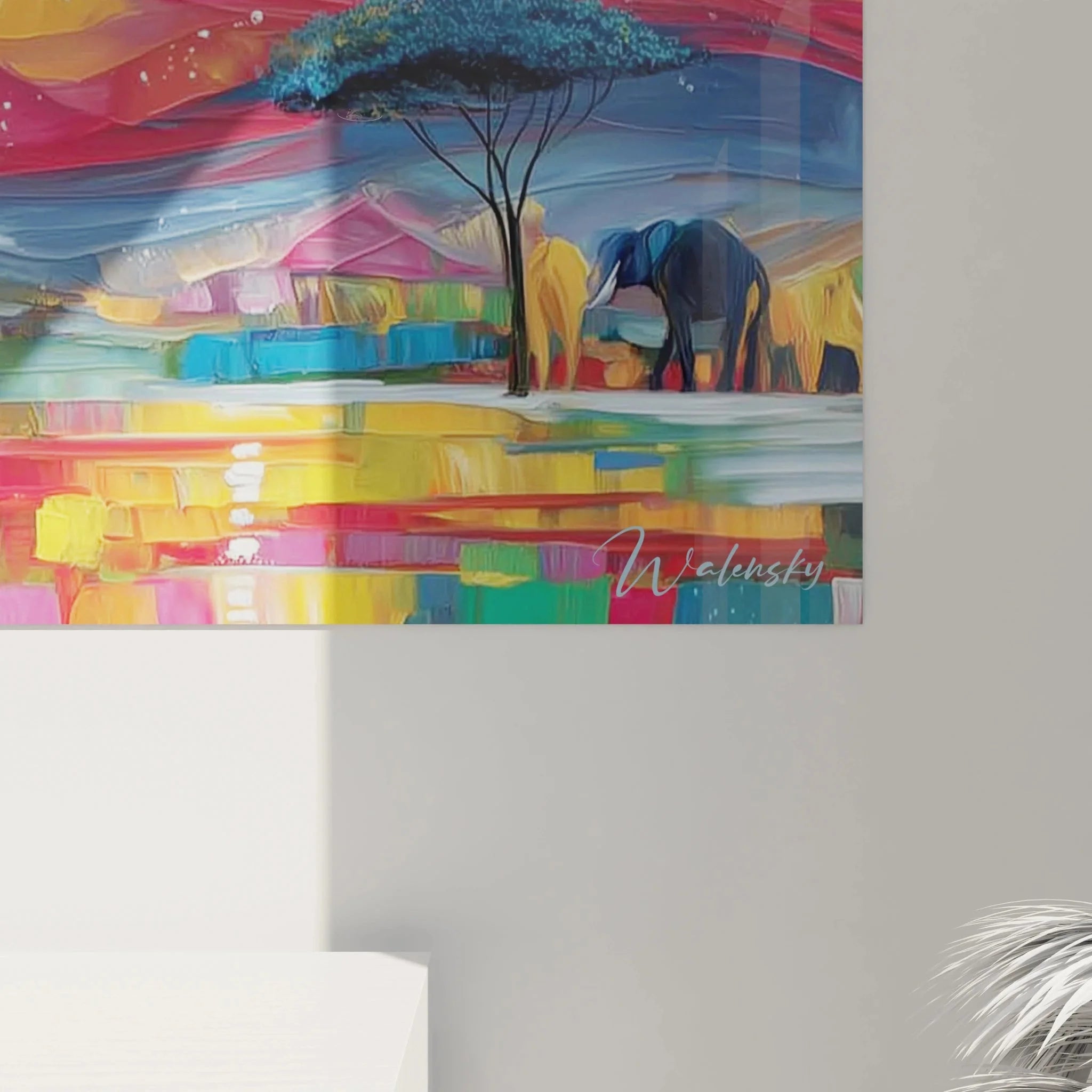 Gesamtansicht Wandbild XXL afrikanische Elefantenherde Savanne Sonnenuntergang Wohnzimmer Wanddeko