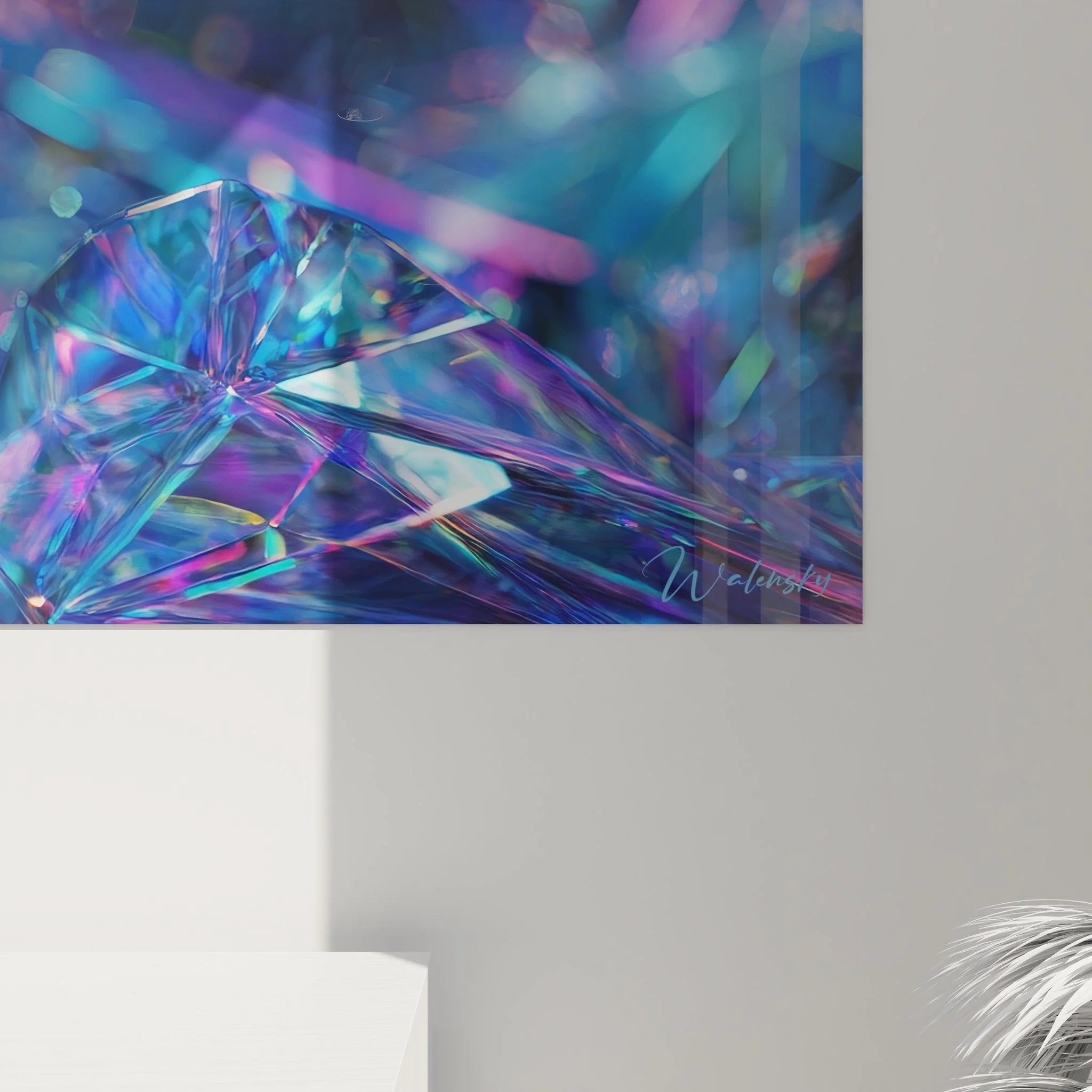 Gesamtansicht des panoramischen Wandbildes mit futuristischen Diamant-Kristallen XXL Format