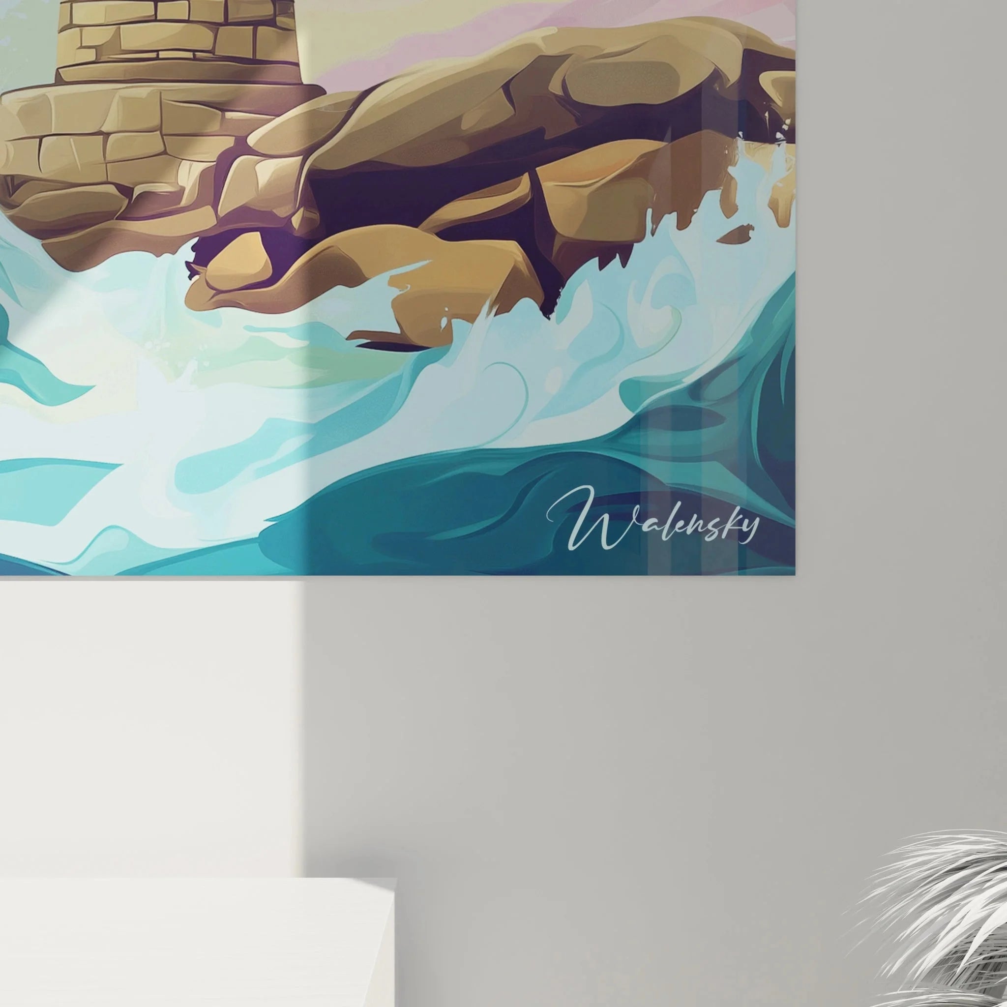 Gesamtansicht maritimes Wandbild XXL Leuchtturm mit stürmischem Meer und Regenbogenhimmel