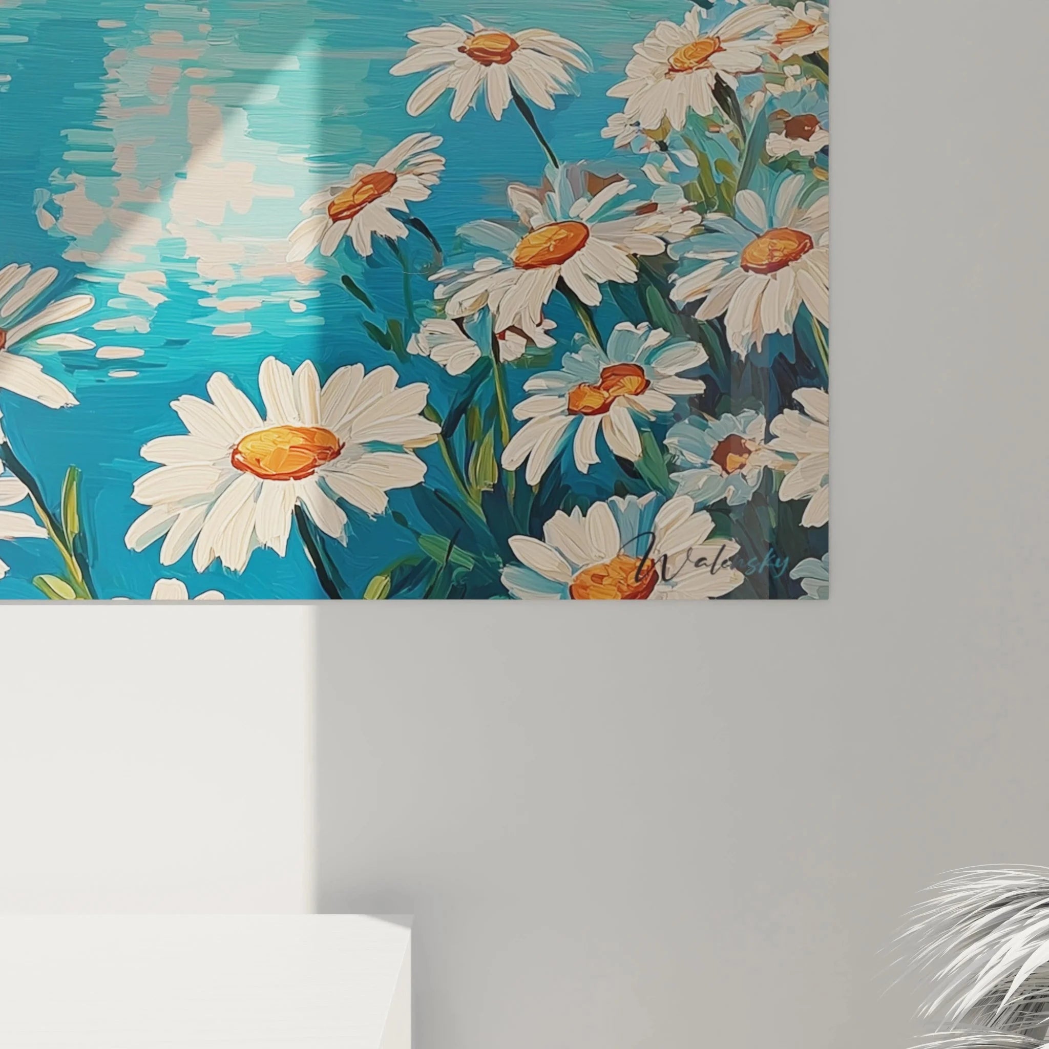Gesamtansicht Wandbild XXL Sommerwiese mit Margeriten, Flusslandschaft und bewölktem Himmel