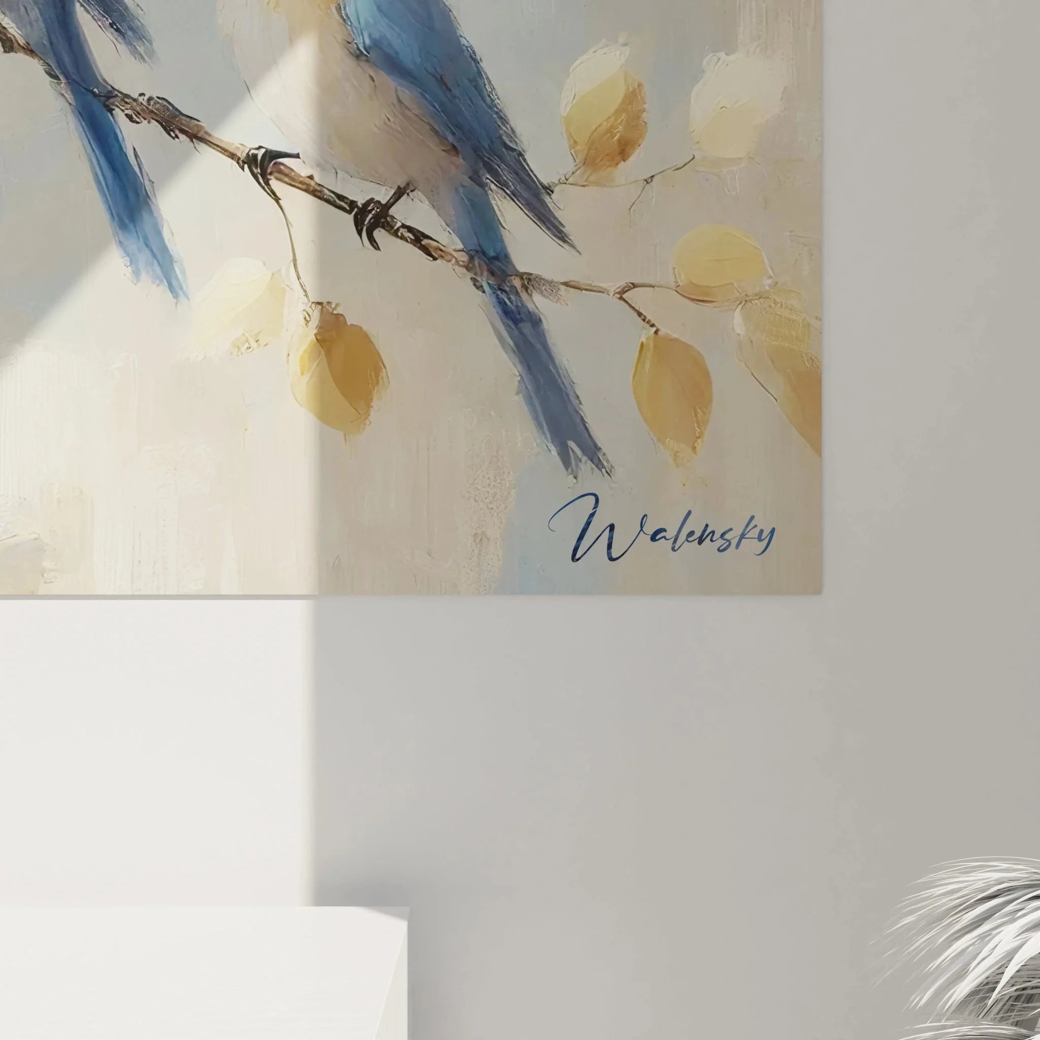 Gesamtansicht Wandbild XXL Vögel, fünf Blaukehlchen auf Zweigen mit herbstlicher Blätterpracht