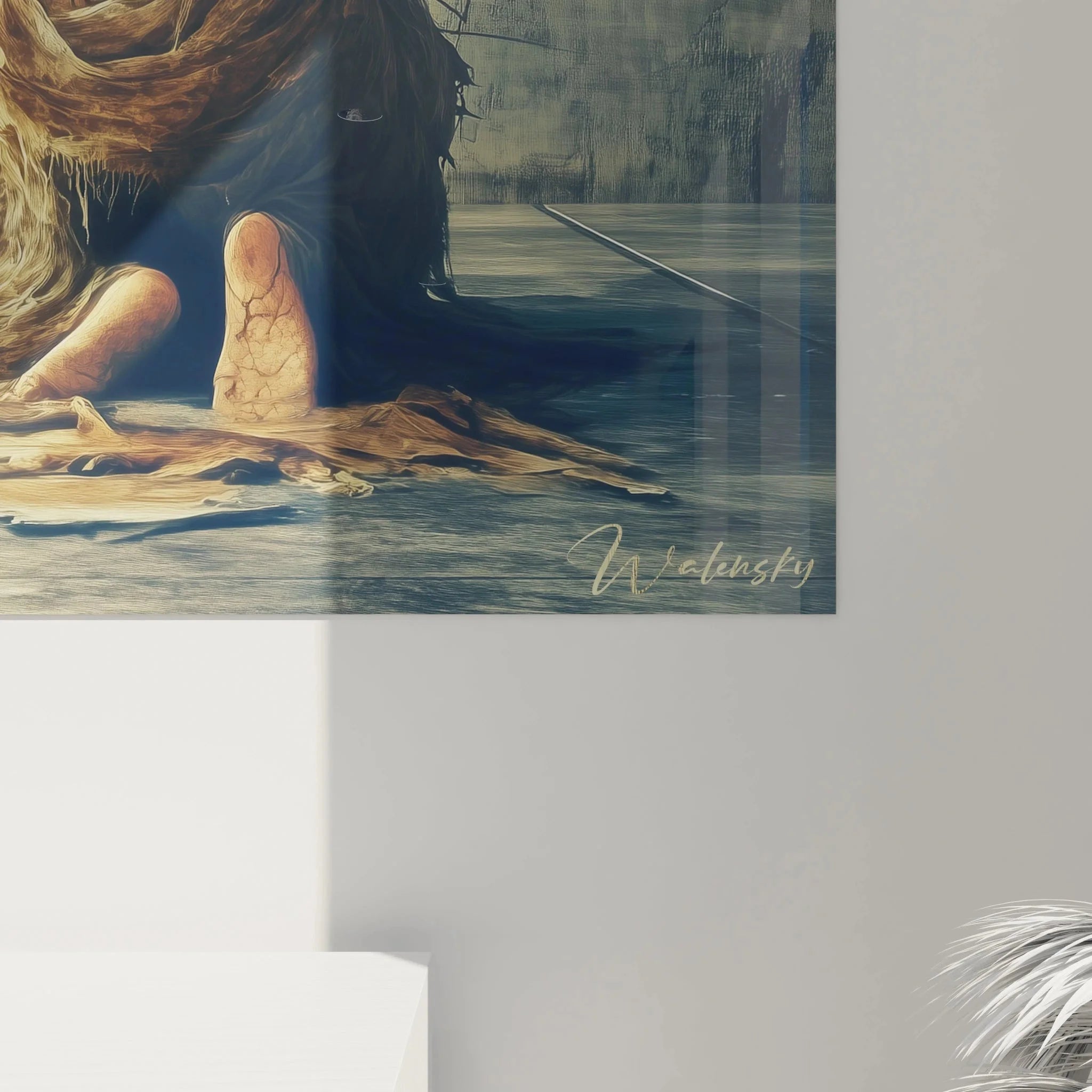 Gesamtansicht Wandbild surreale Transformation Frau mit geometrischen und botanischen Elementen