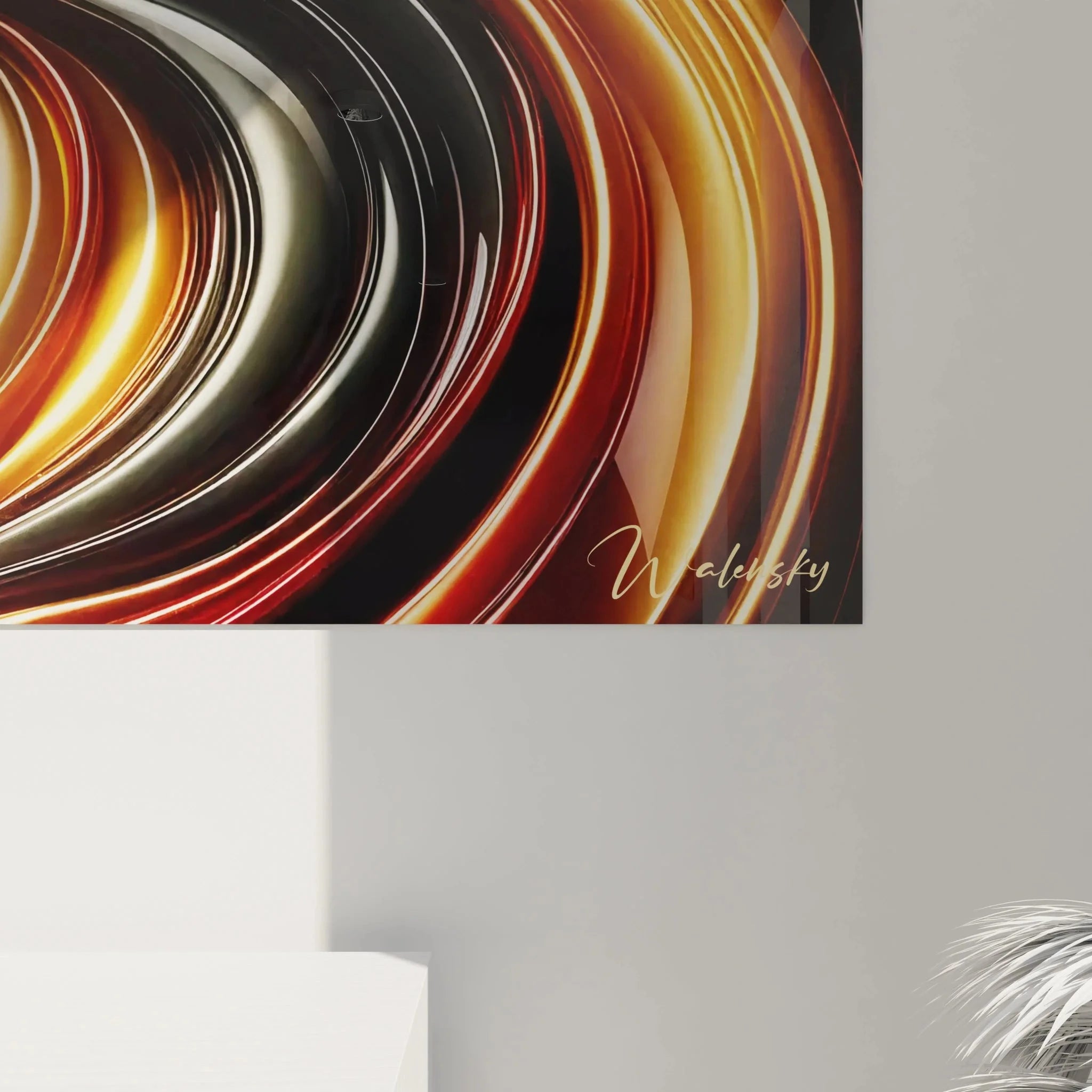 Gesamtansicht Wandbild Goldener Wirbel abstrakter Futurismus moderne Kunst Wohnraum Dekoration