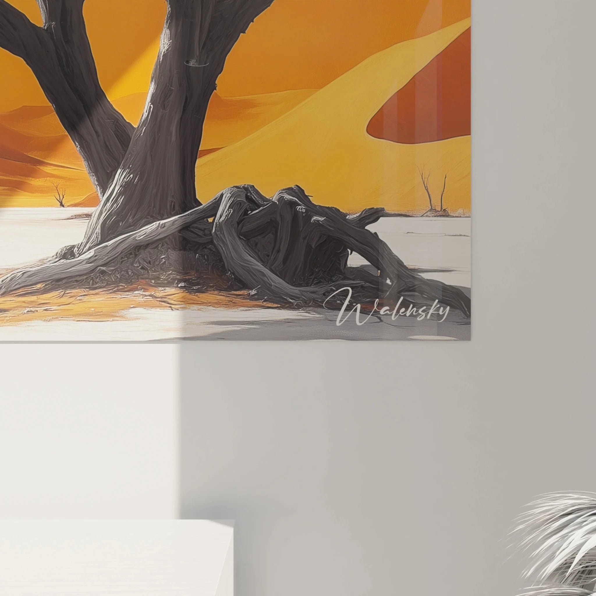 Gesamtansicht Wandbild Wüstenlandschaft mit mehreren abgestorbenen Bäumen bei Sonnenuntergang Afrika Motiv