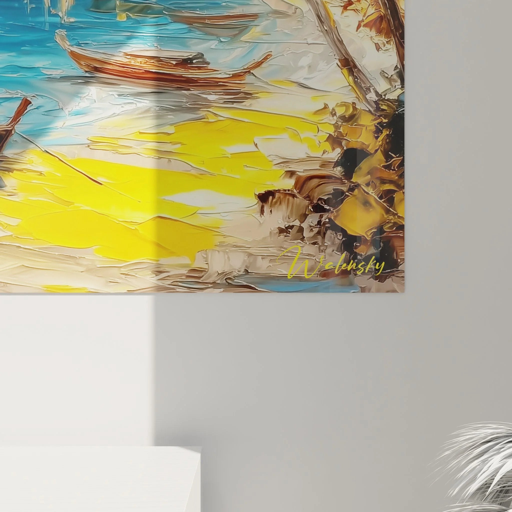 Gesamtansicht XXL Wandbild tropischer Strand - Karibische Bucht mit Segelbooten und Palmen Panorama