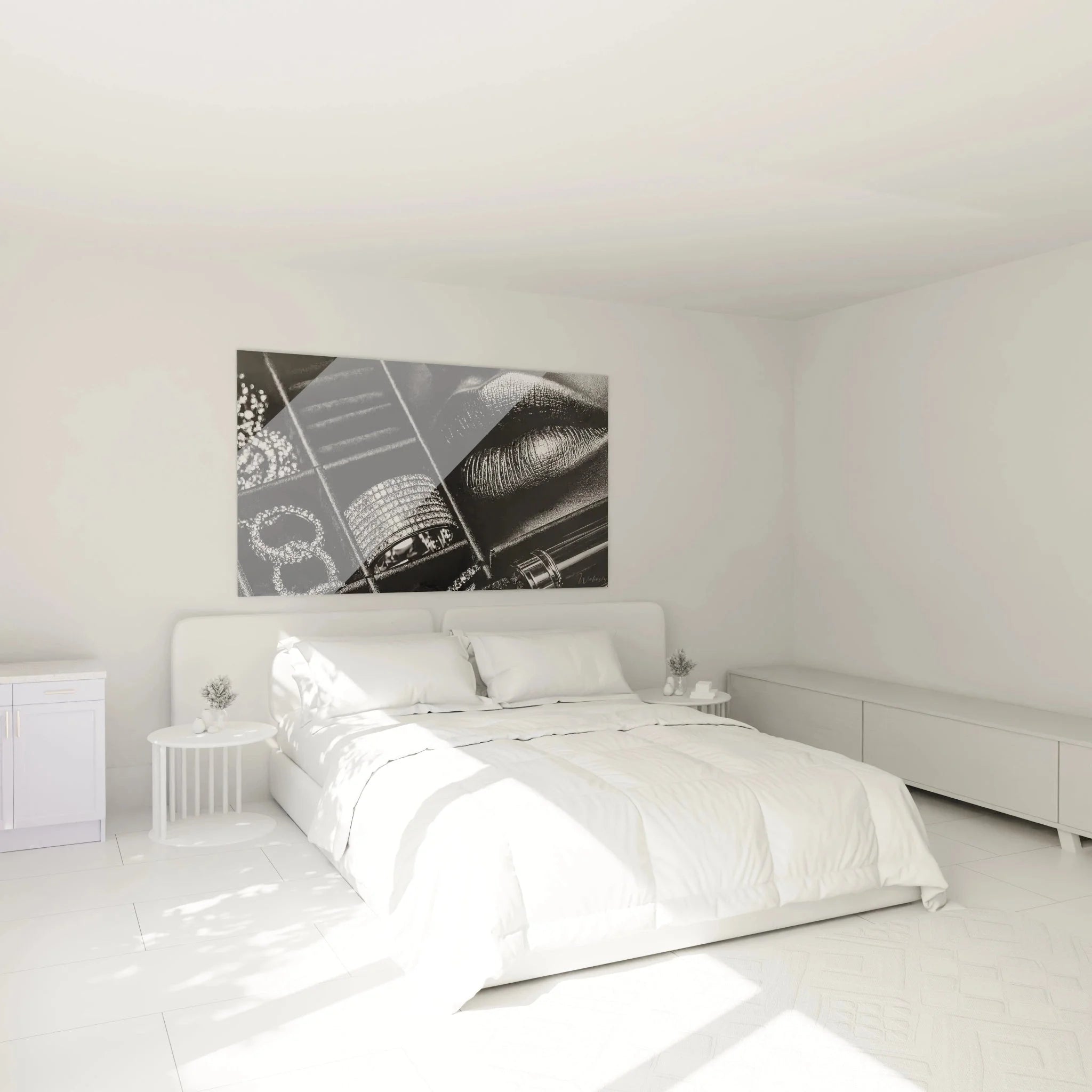 Glamour Accessoires Wandbild in stilvollem Schlafzimmer mit eleganter Mode-Dekoration