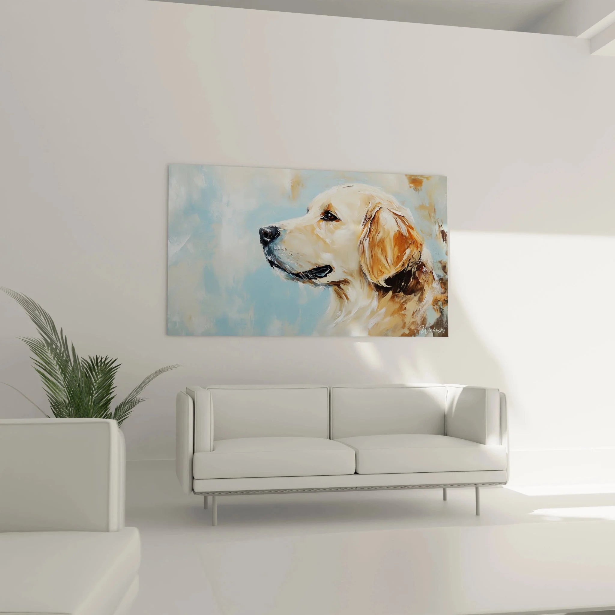 Detail eines Golden Retriever Wandbilds zeigt realistische Fellstruktur und Augenpartie
